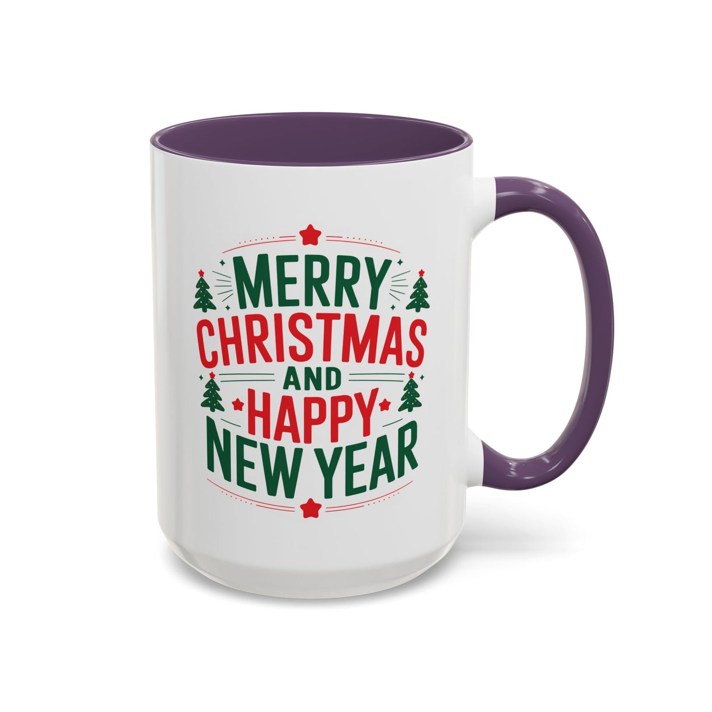 Christmas Mug - Merry Christmas and a Happy New Year Green & Red Text Trees Stars