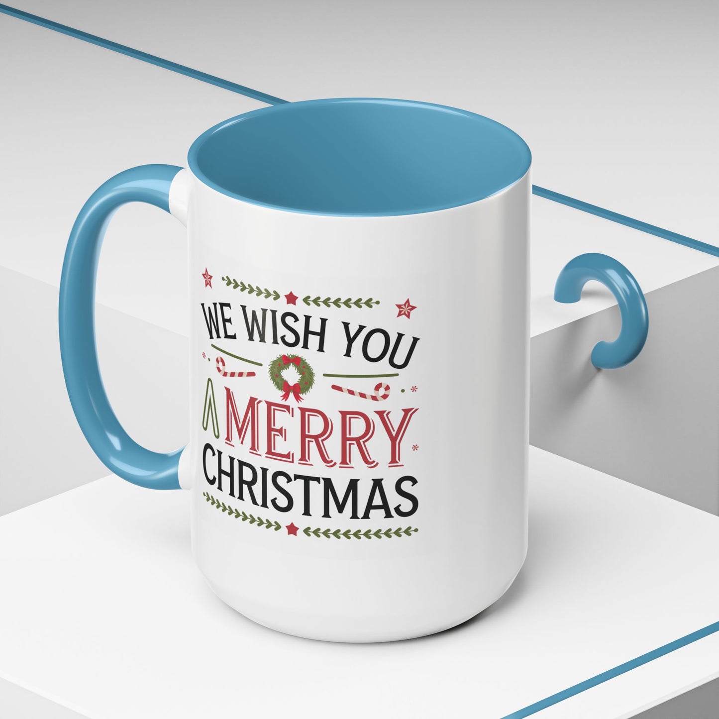 Christmas Mug - We Wish You a Merry Christmas Blue Green & Red Text