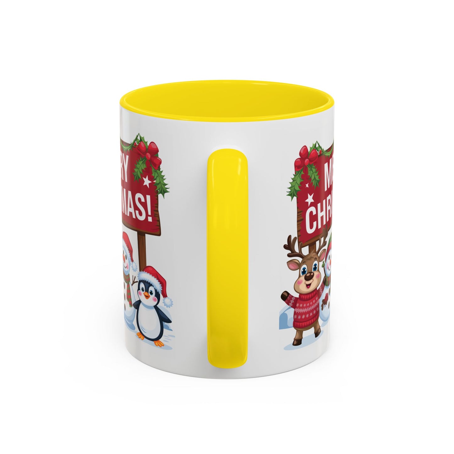 Christmas Mug - Merry Christmas White Text Reindeer Snowmen Penguin