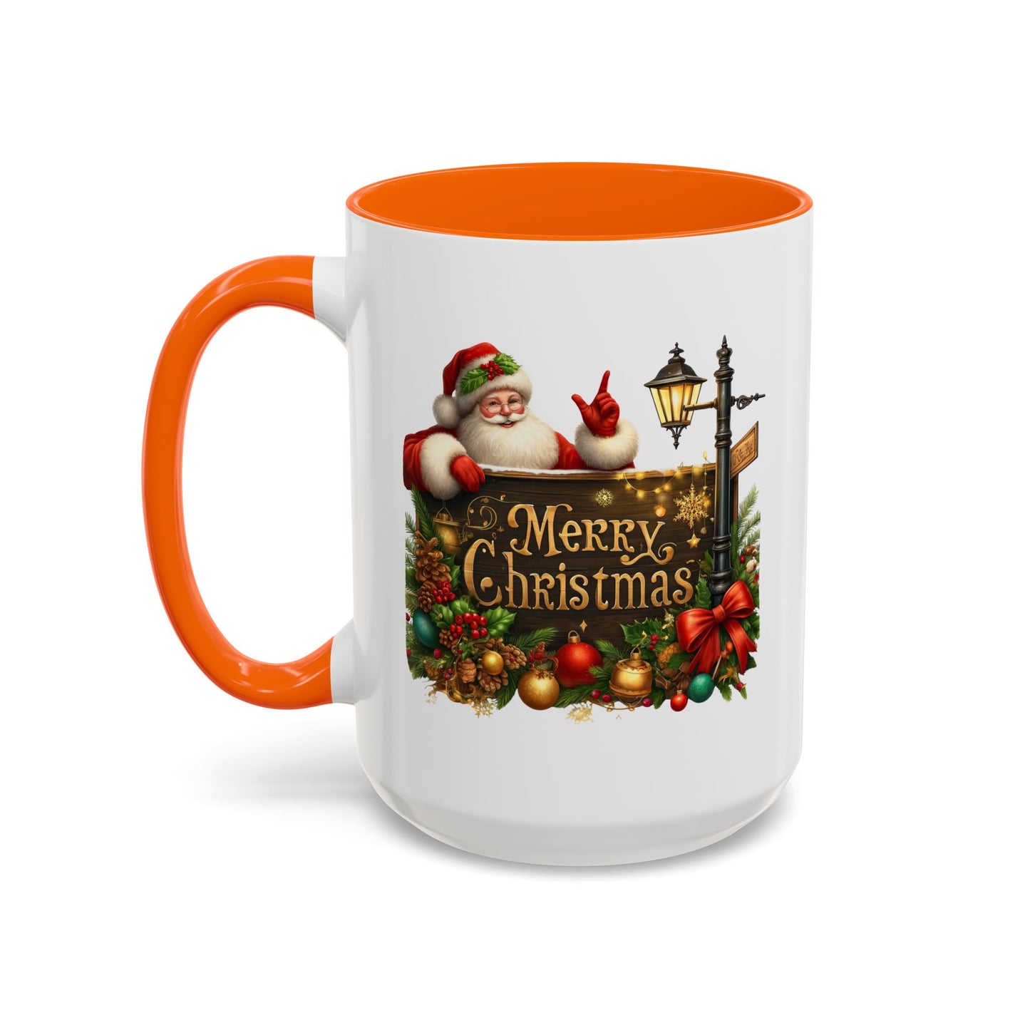 Christmas Mug - Merry Christmas Gold Text Santa Point Ornaments