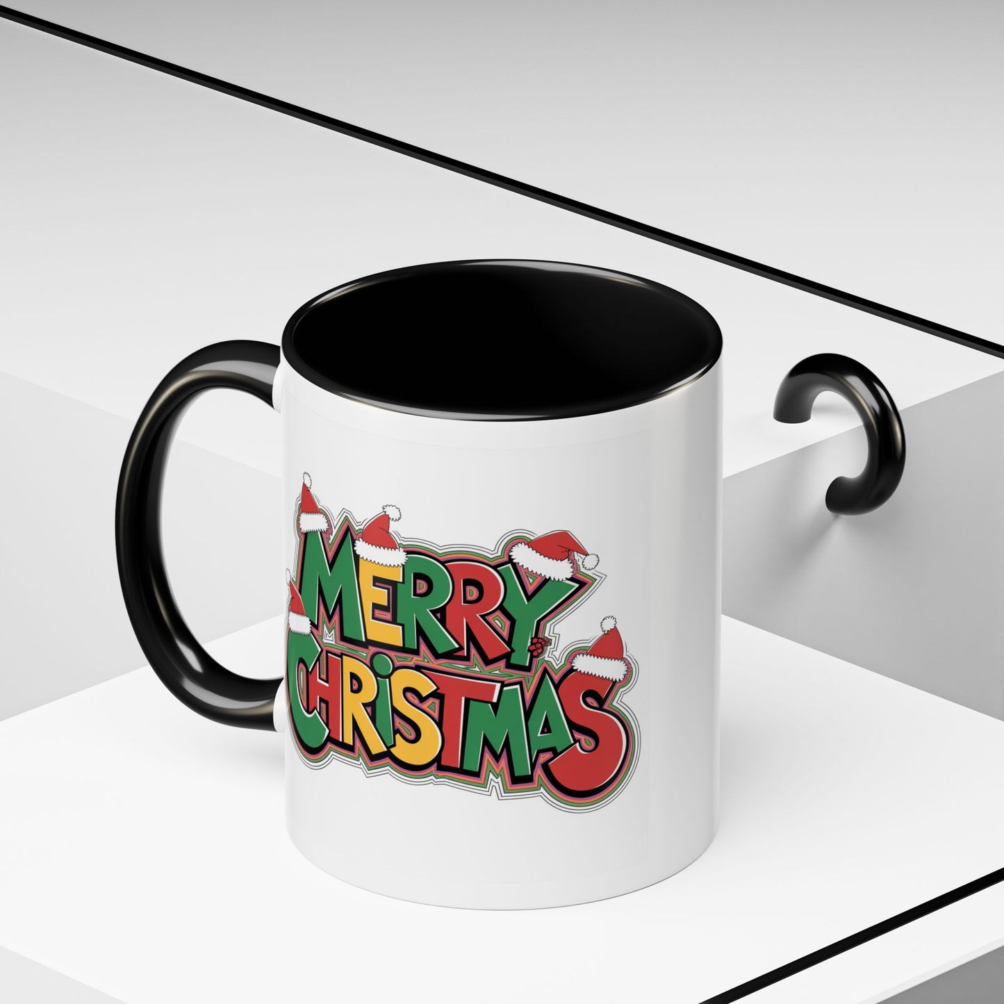 Christmas Mug - Merry Christmas Green Yellow & Red Text Hats