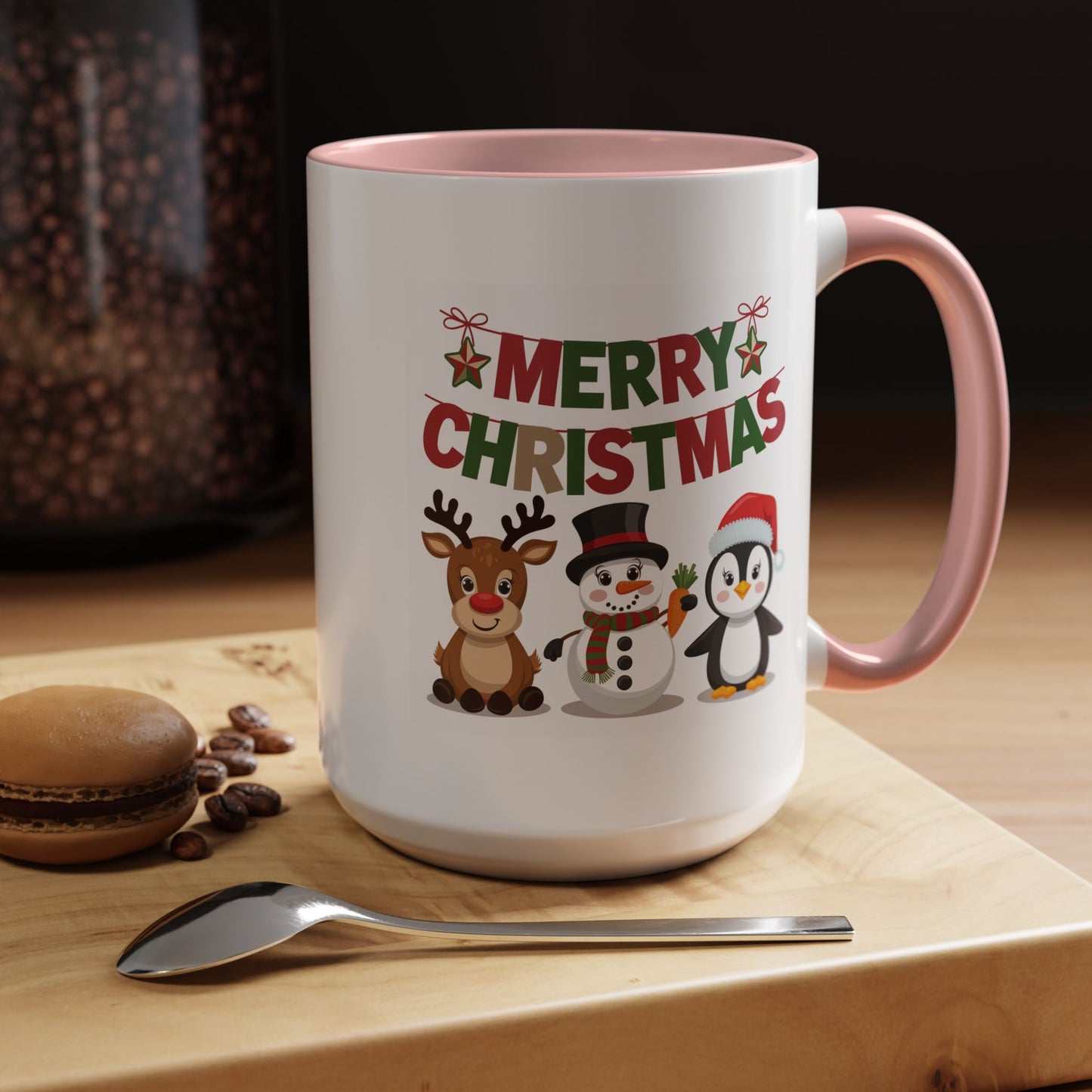 Christmas Mug - Red Green & Gold Text Reindeer Snowman Penguin