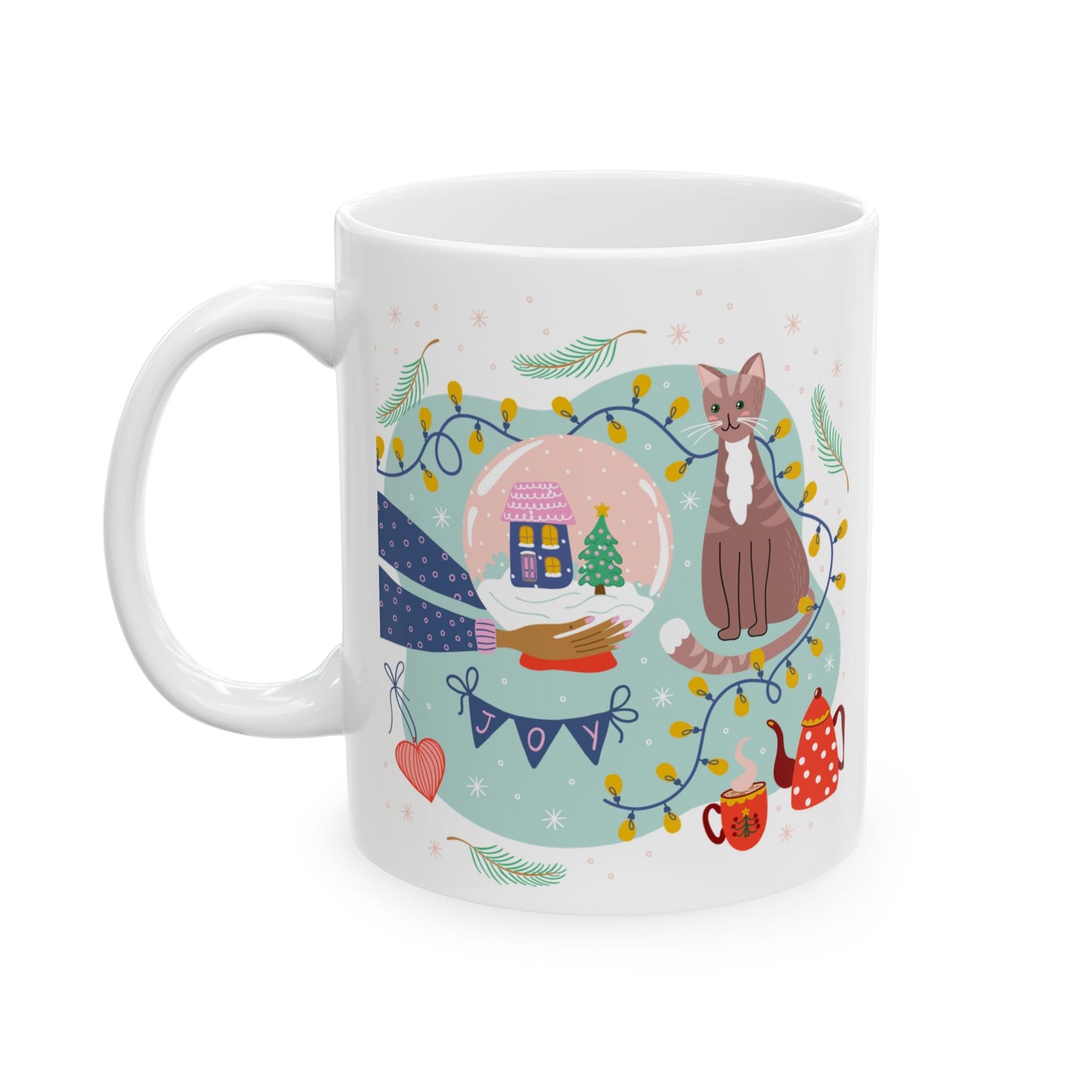 Christmas Mug - Joy Cat Snow Globe Heart Cup Lights