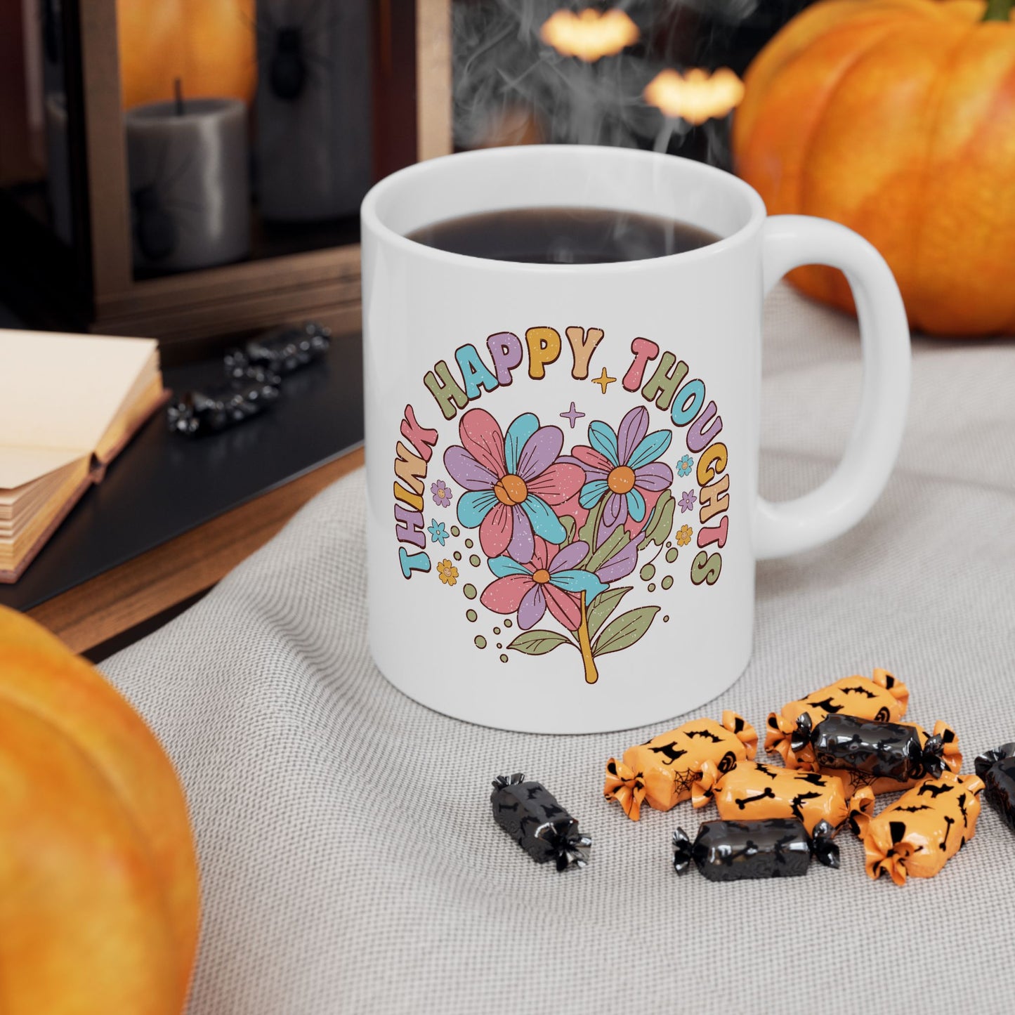 Wellness Mug - Think Happy Thoughts Retro Flowers