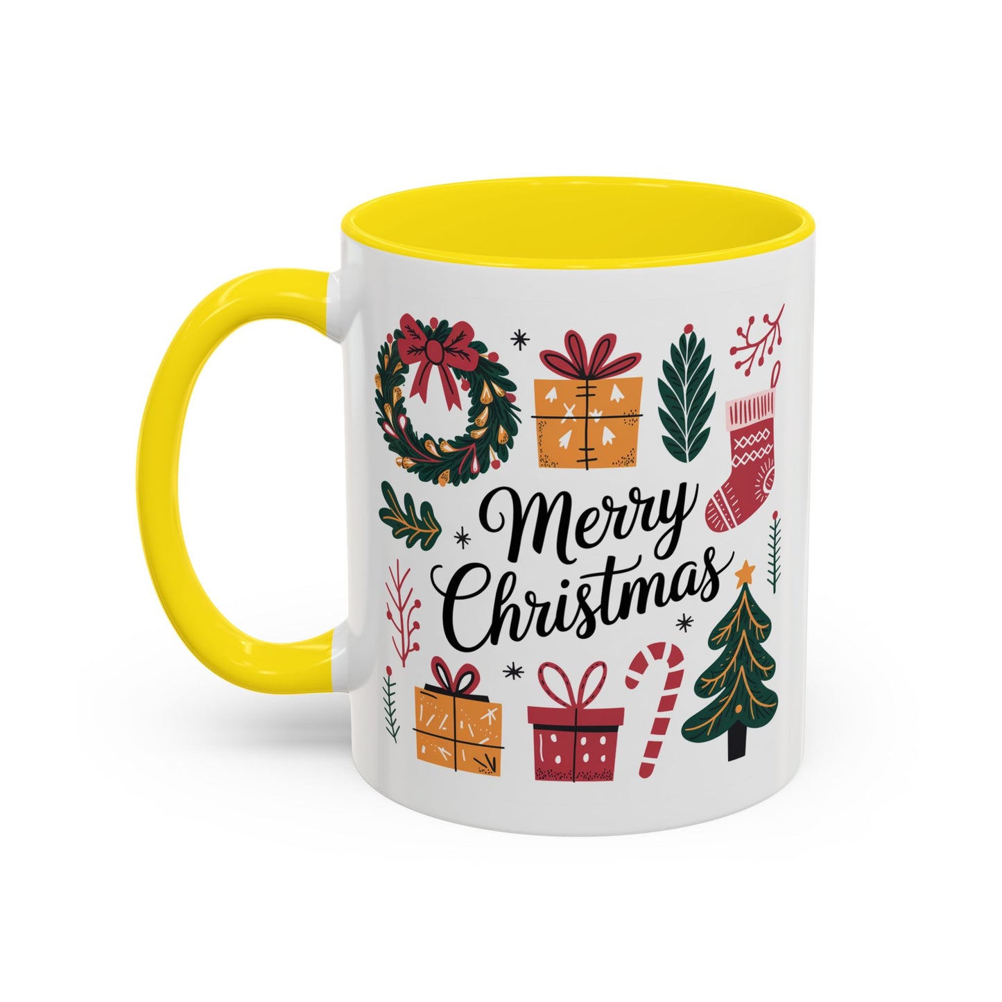 Christmas Mug - Merry Christmas Green Text Presents Tree Candy Cane