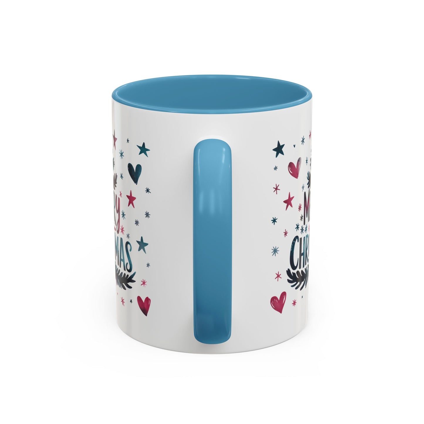 Christmas Mug - Merry Christmas Maroon & Blue Text Tree Hearts Stars