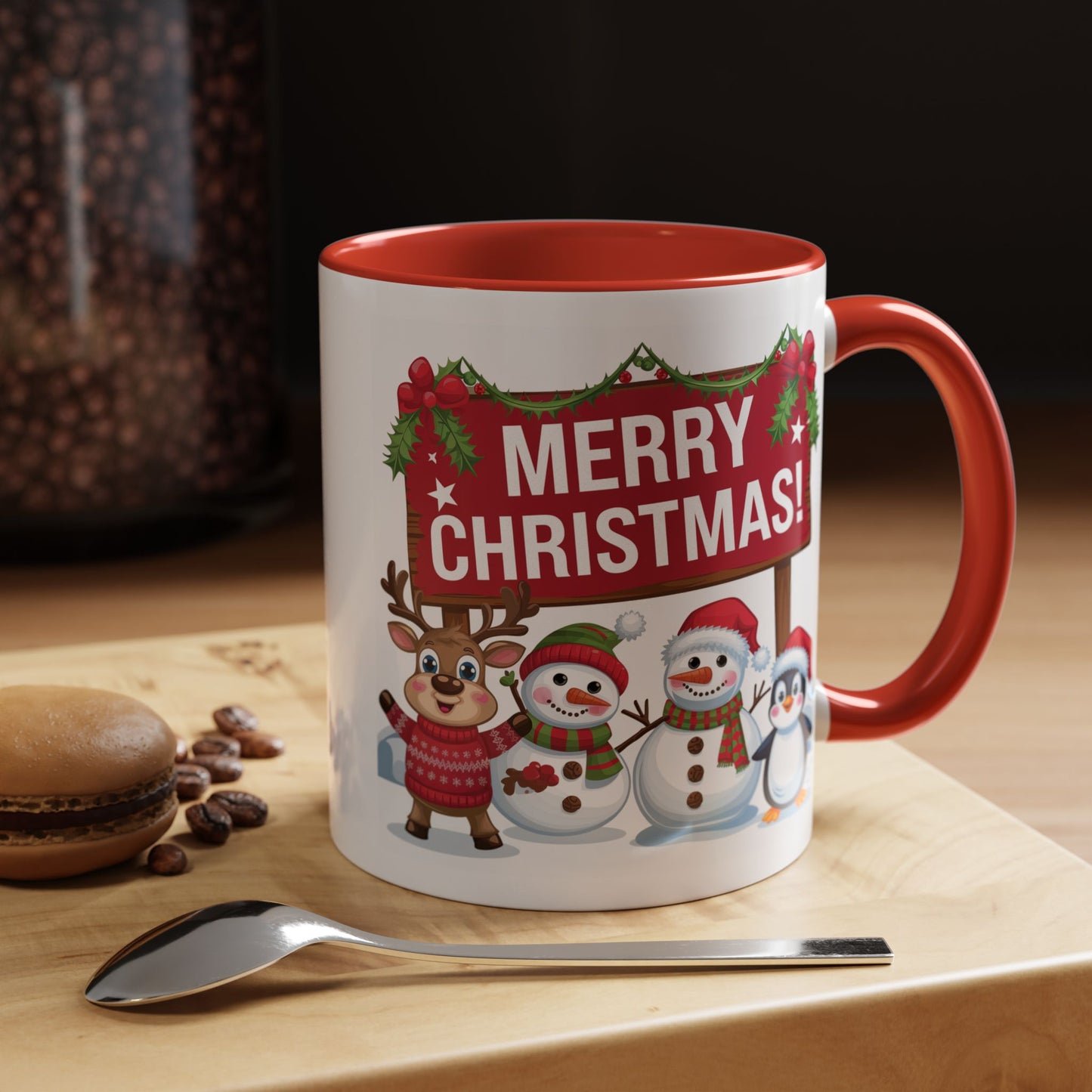 Christmas Mug - Merry Christmas White Text Reindeer Snowmen Penguin