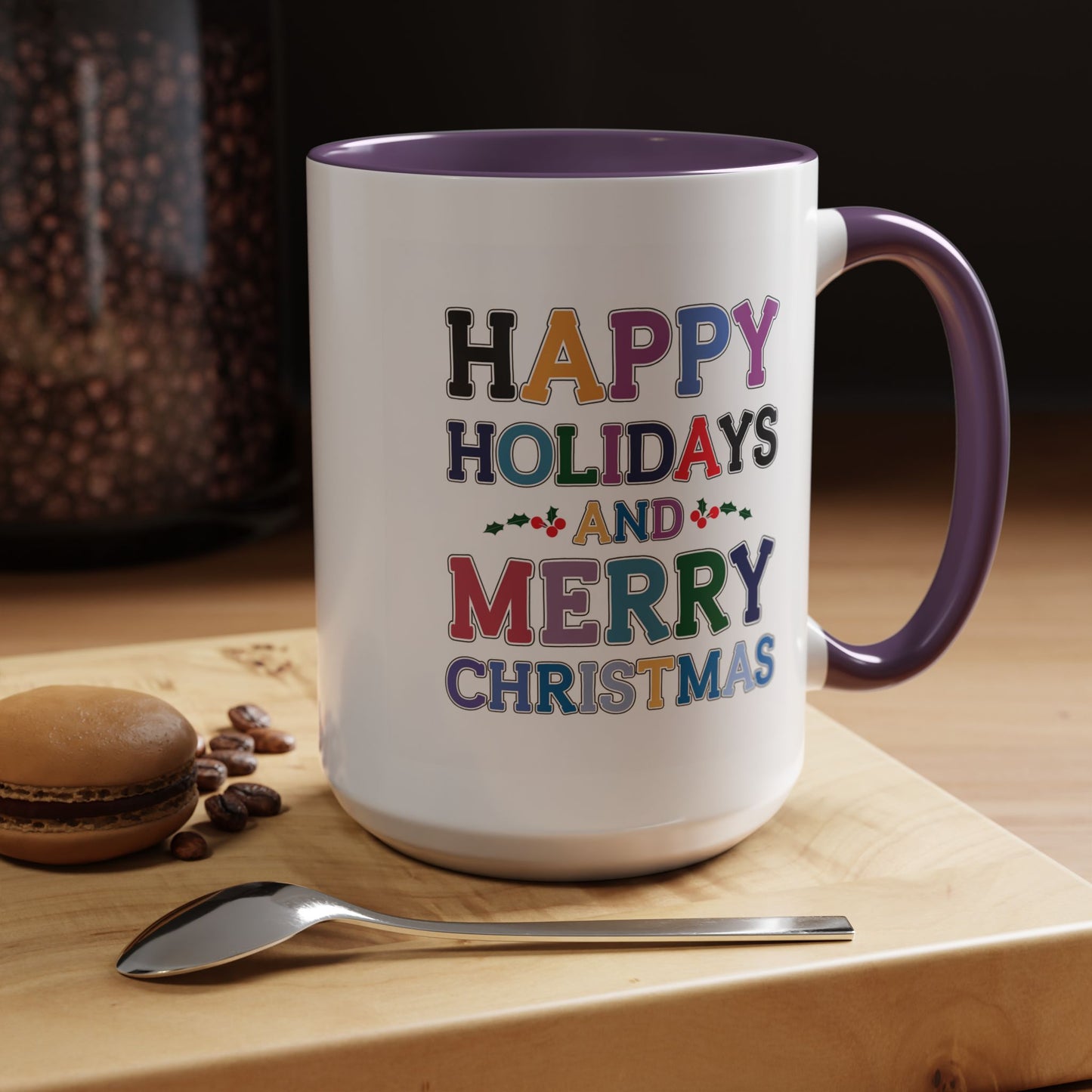 Christmas Mug - Happy Holidays and Merry Christmas Blue Yellow Purple Orange Red Text