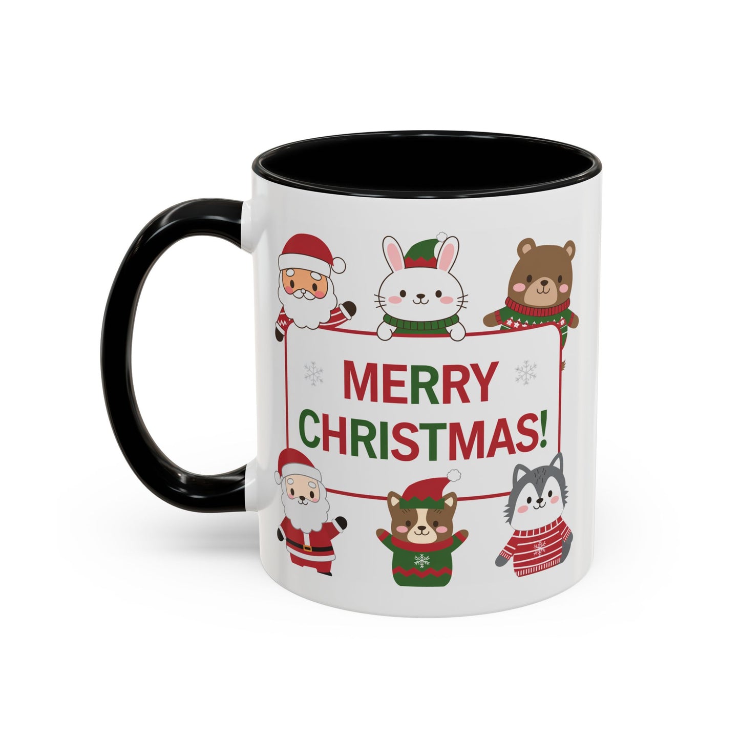 Christmas Mug - Merry Christmas Red & Green Text Santa Cute Animals