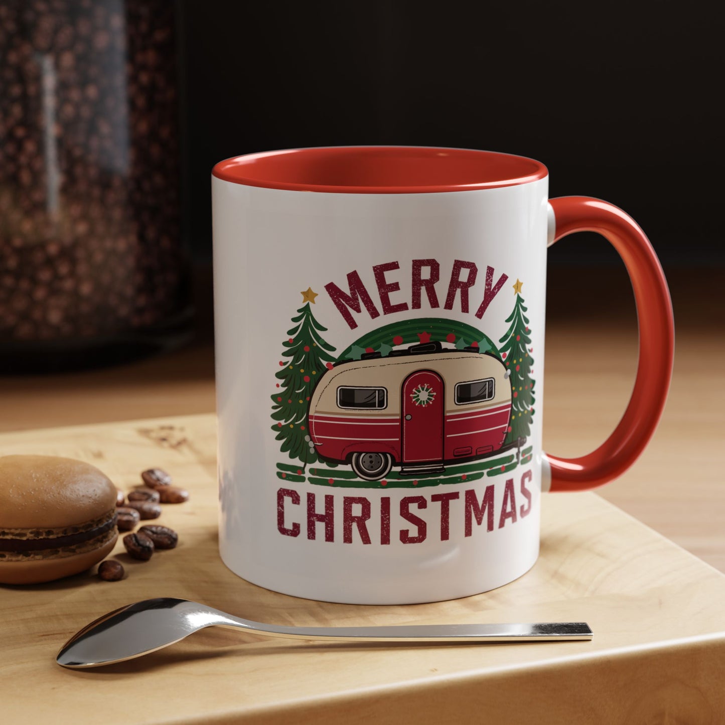 Christmas Mug - Merry Christmas Maroon Text Camper Trees