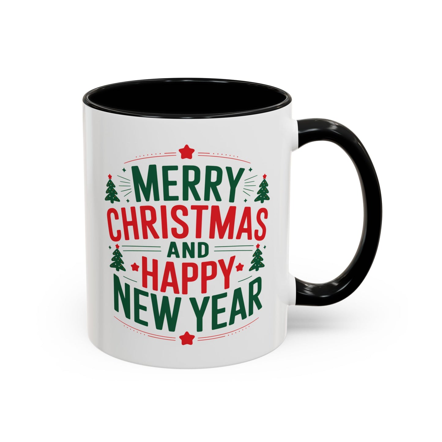 Christmas Mug - Merry Christmas and a Happy New Year Green & Red Text Trees Stars