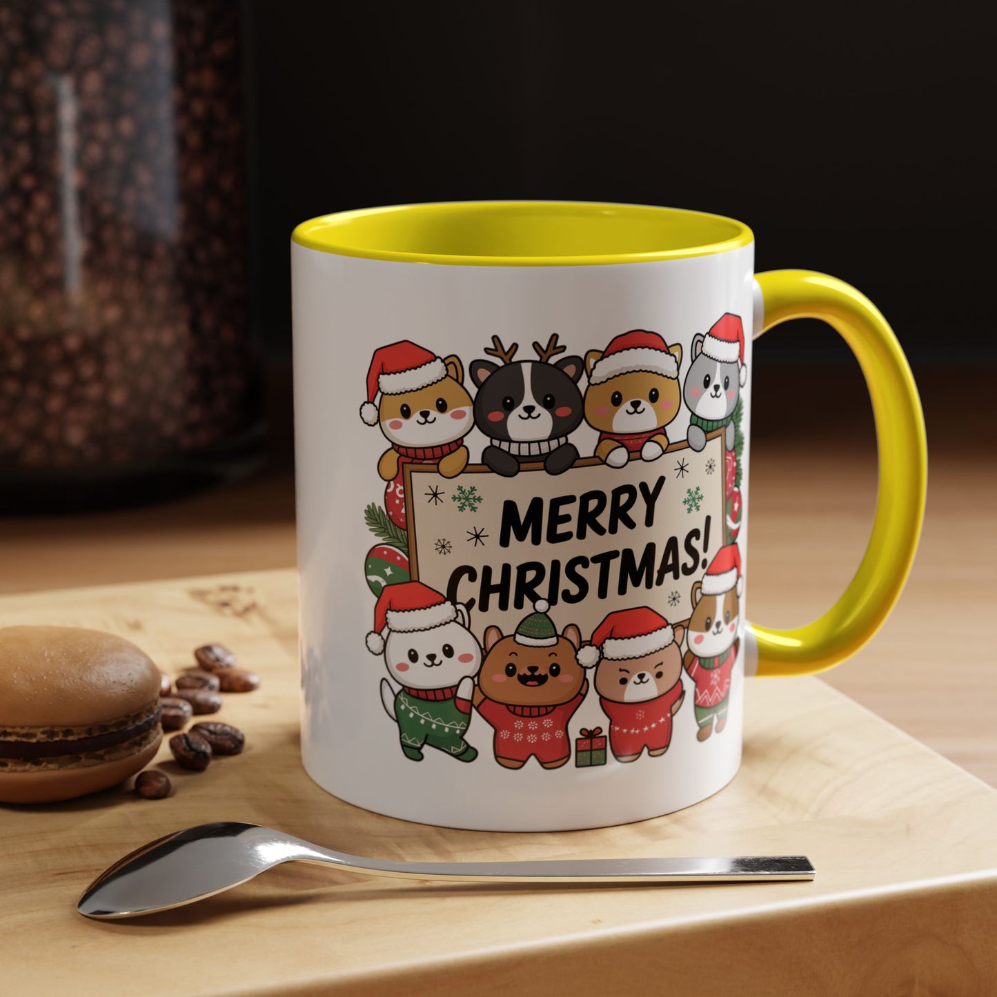 Christmas Mug - Merry Christmas Black Text Cute Animals