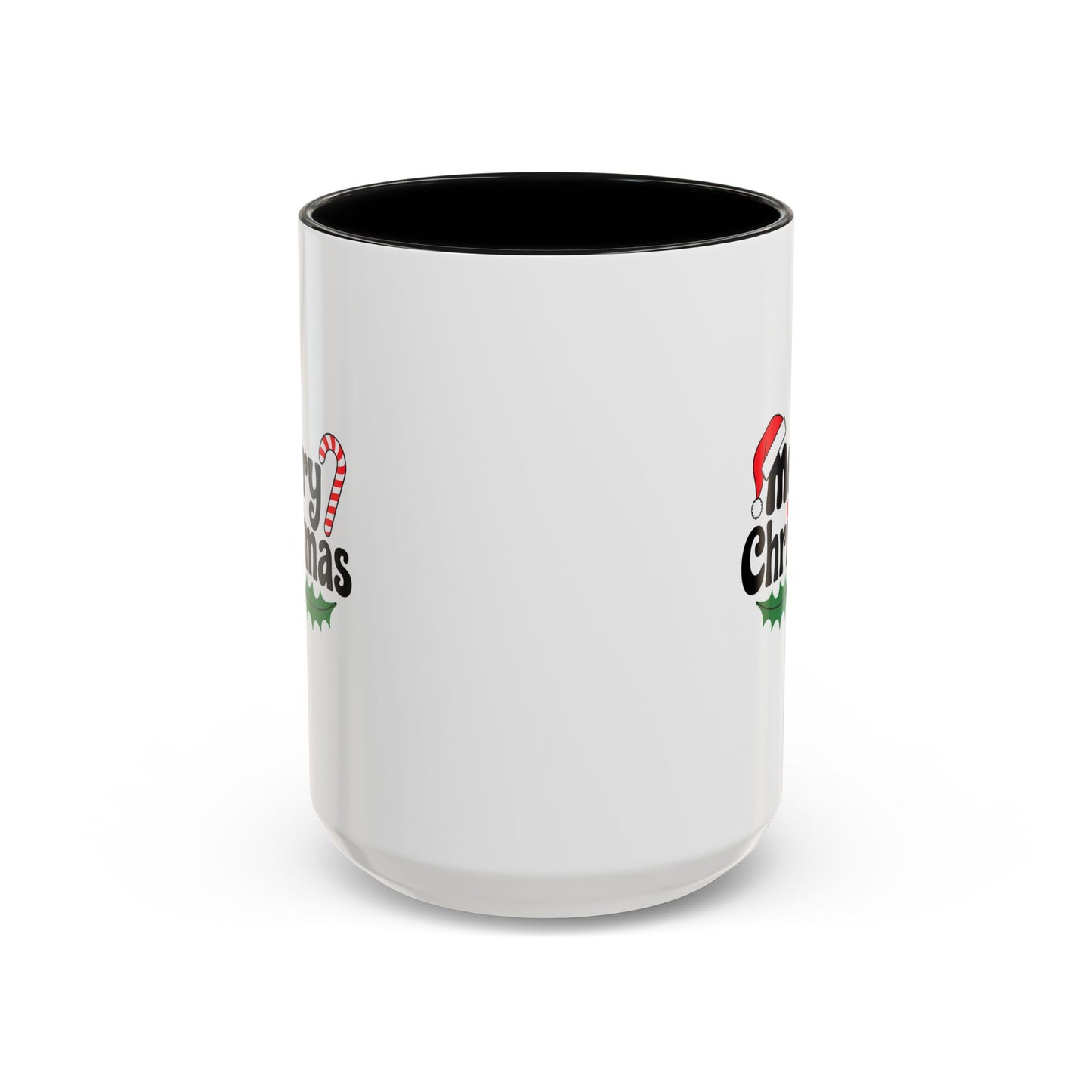 Christmas Mug - Merry Christmas Black Text Hat Cane Misletoe