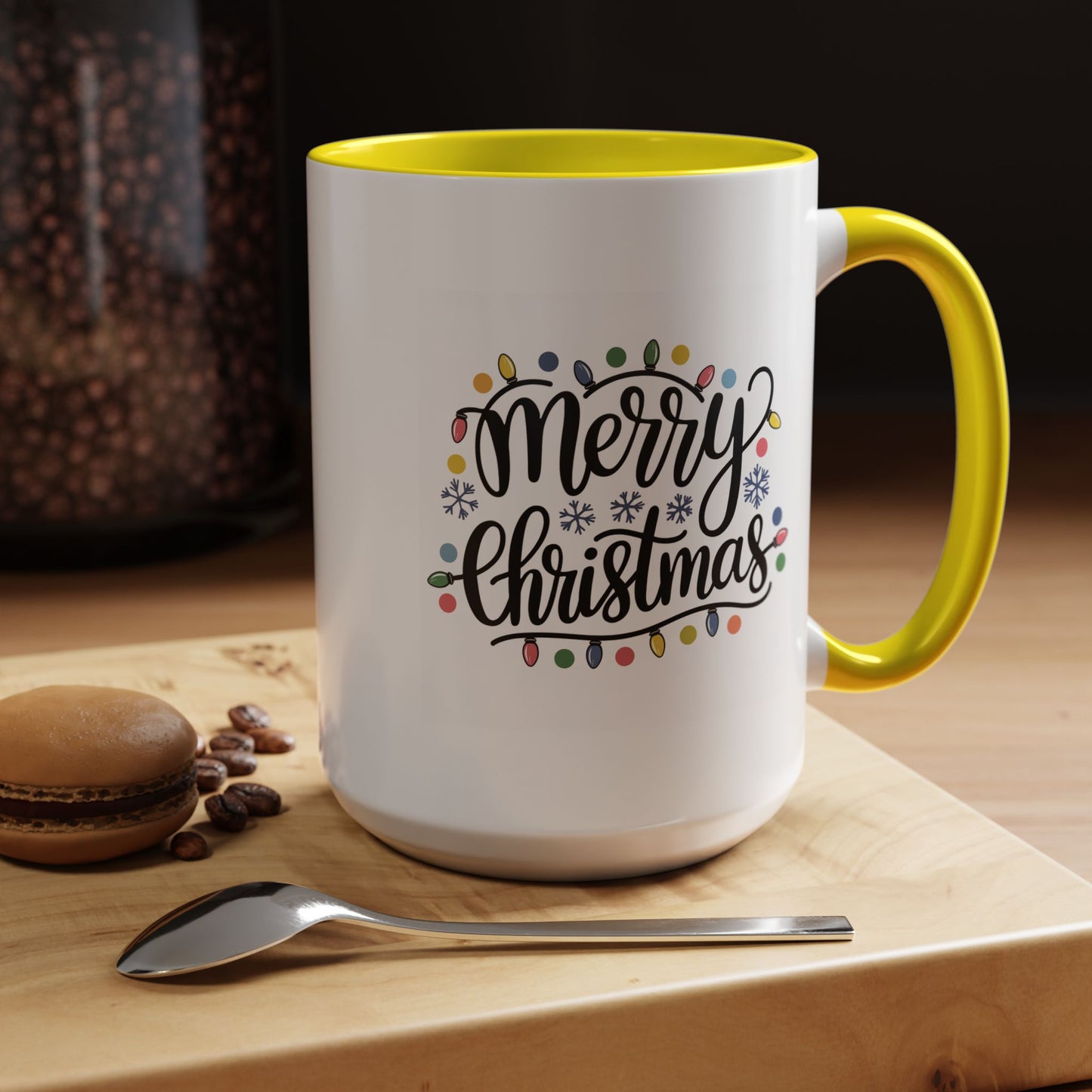 Christmas Mug - Merry Christmas Black Text Colored Lights