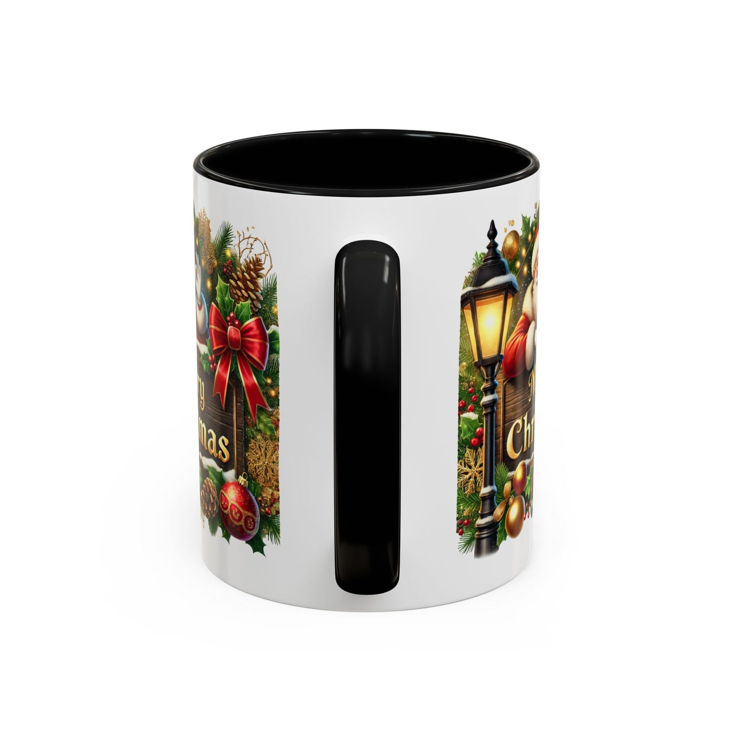 Christmas Mug - Merry Christmas Cream Text Santa Ok Light Bow Ornaments