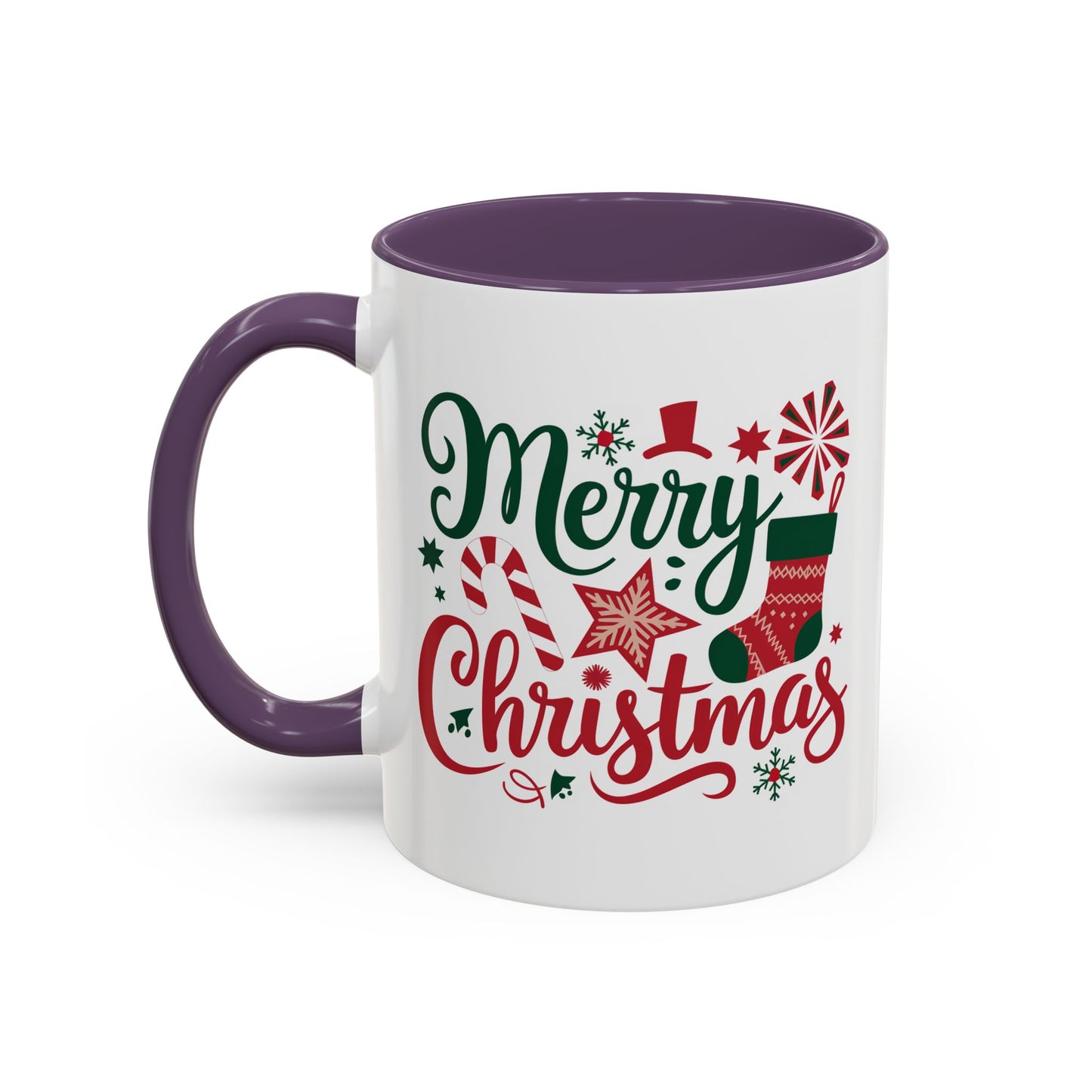 Christmas Mug - Merry Christmas Green & Red Text Star Candy Cane Stocking Snowflake