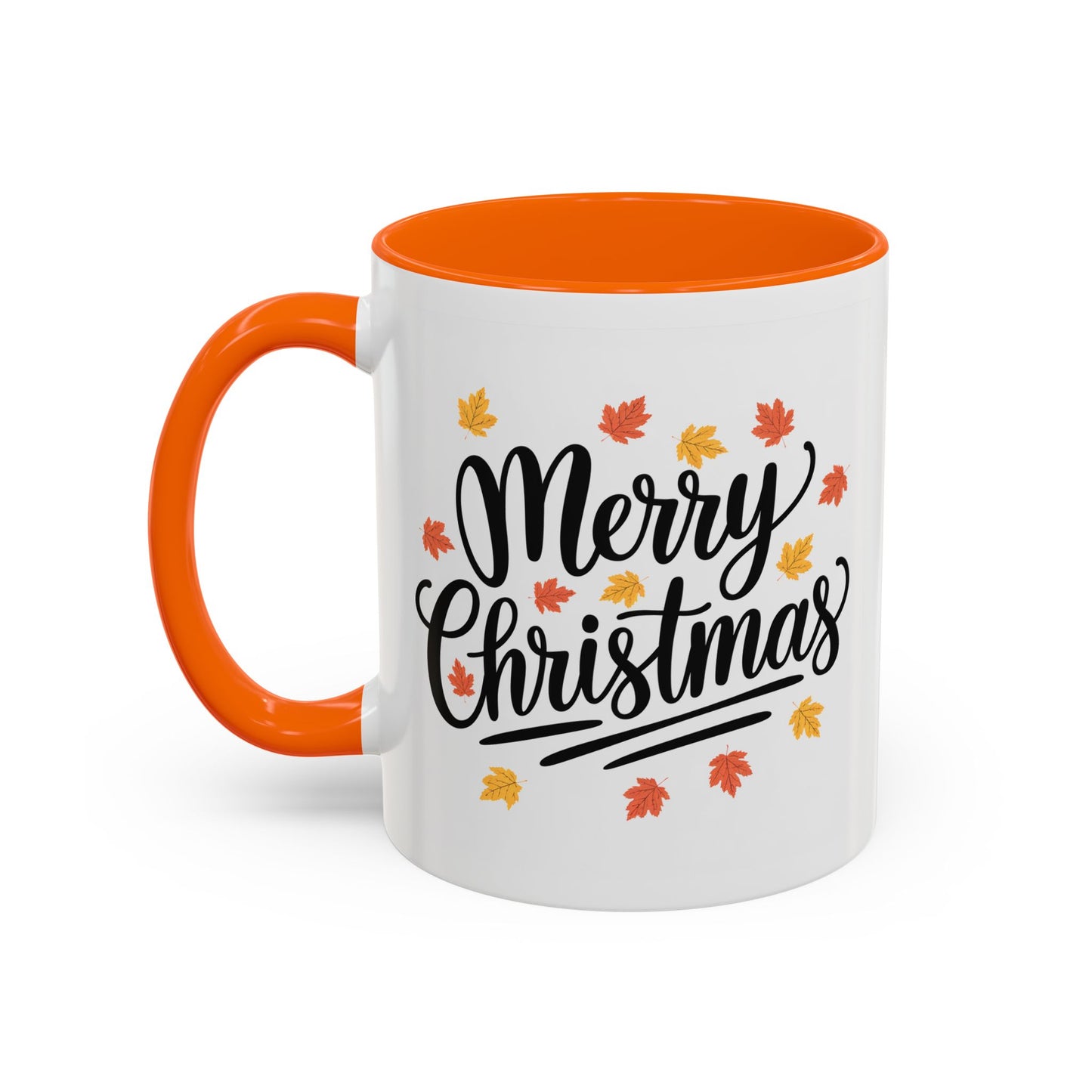 Christmas Mug - Merry Christmas Black Text Fall Leaves