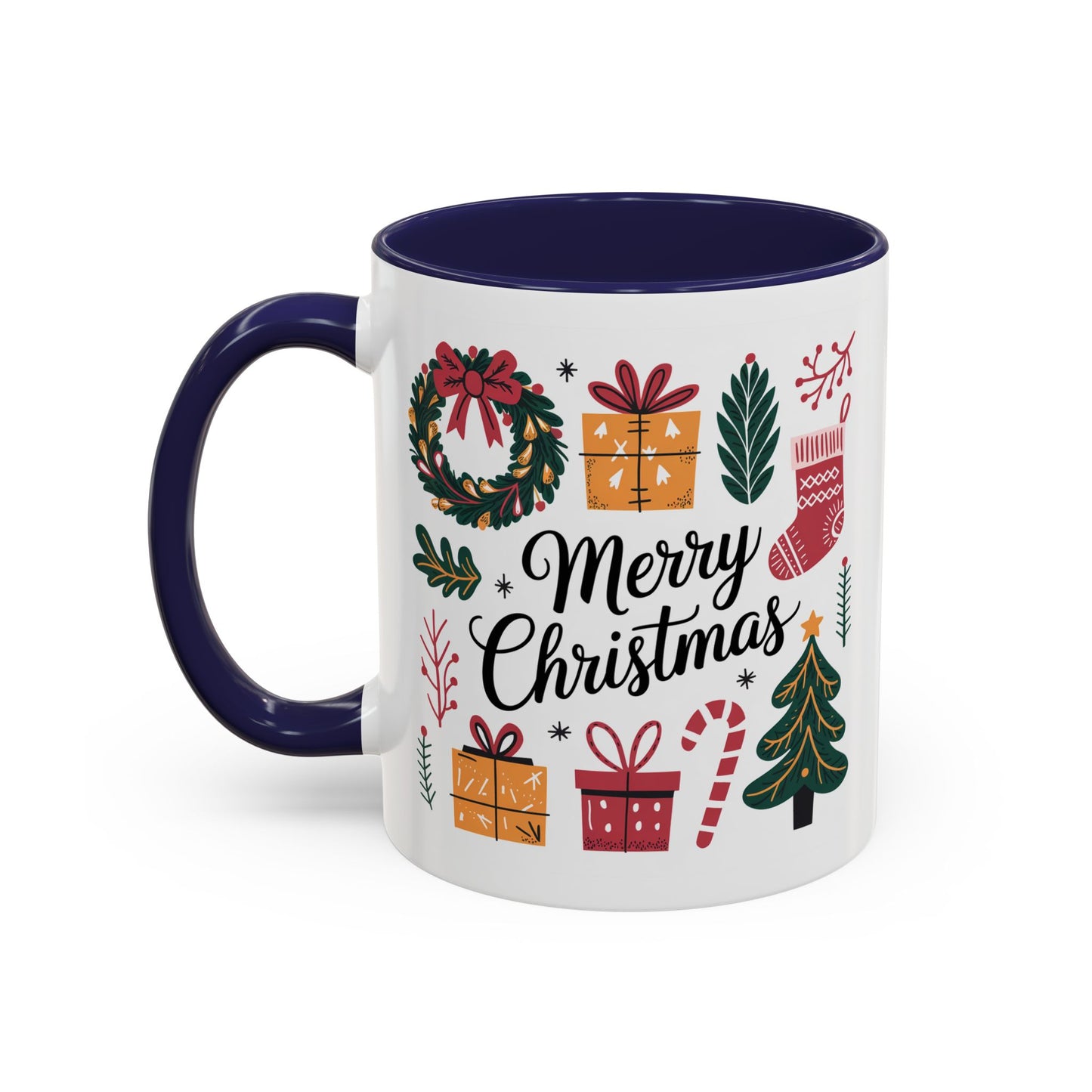 Christmas Mug - Merry Christmas Green Text Presents Tree Candy Cane