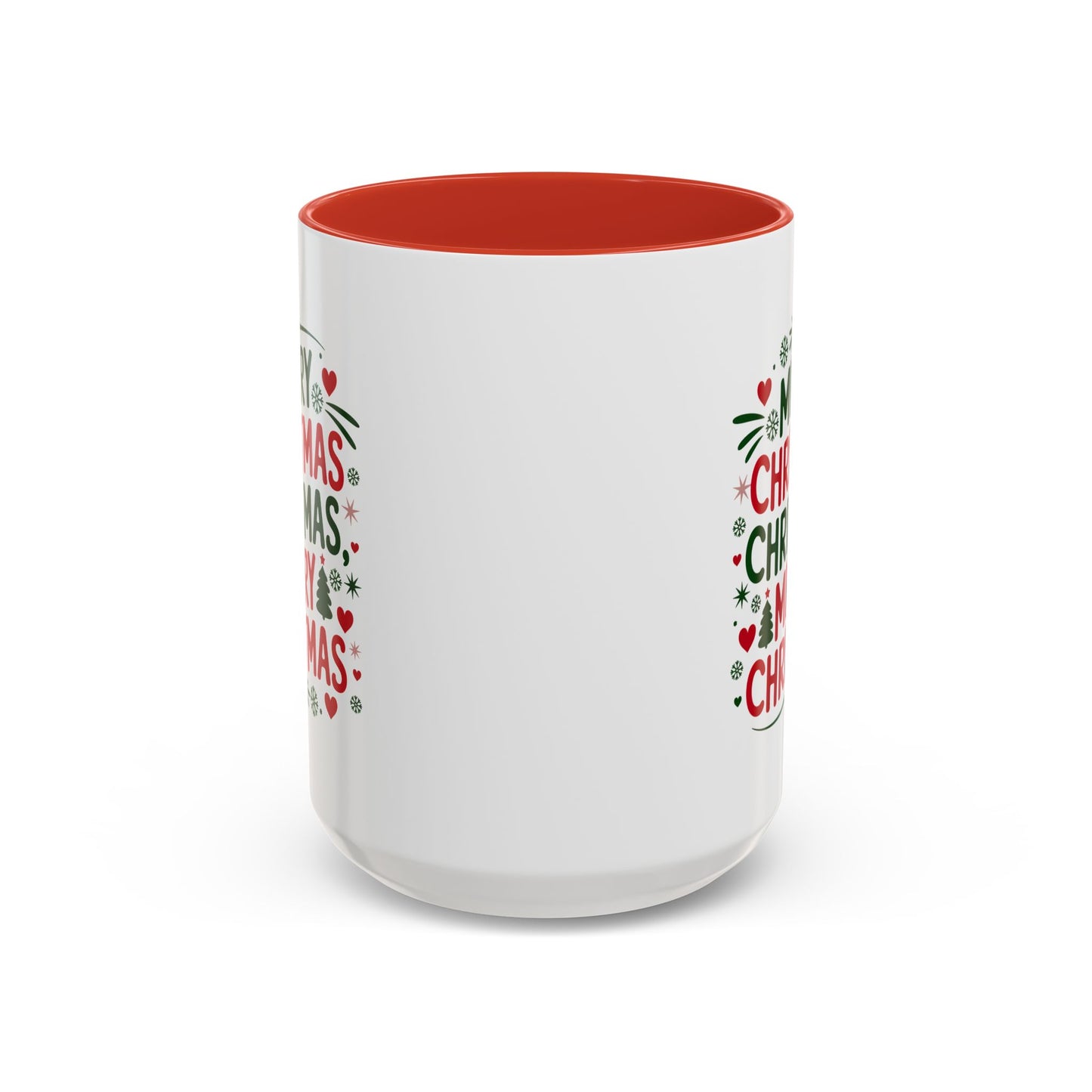 Christmas Mug - Merry Christmas Green & Red Text Trees Hearts Snowflakes Stars