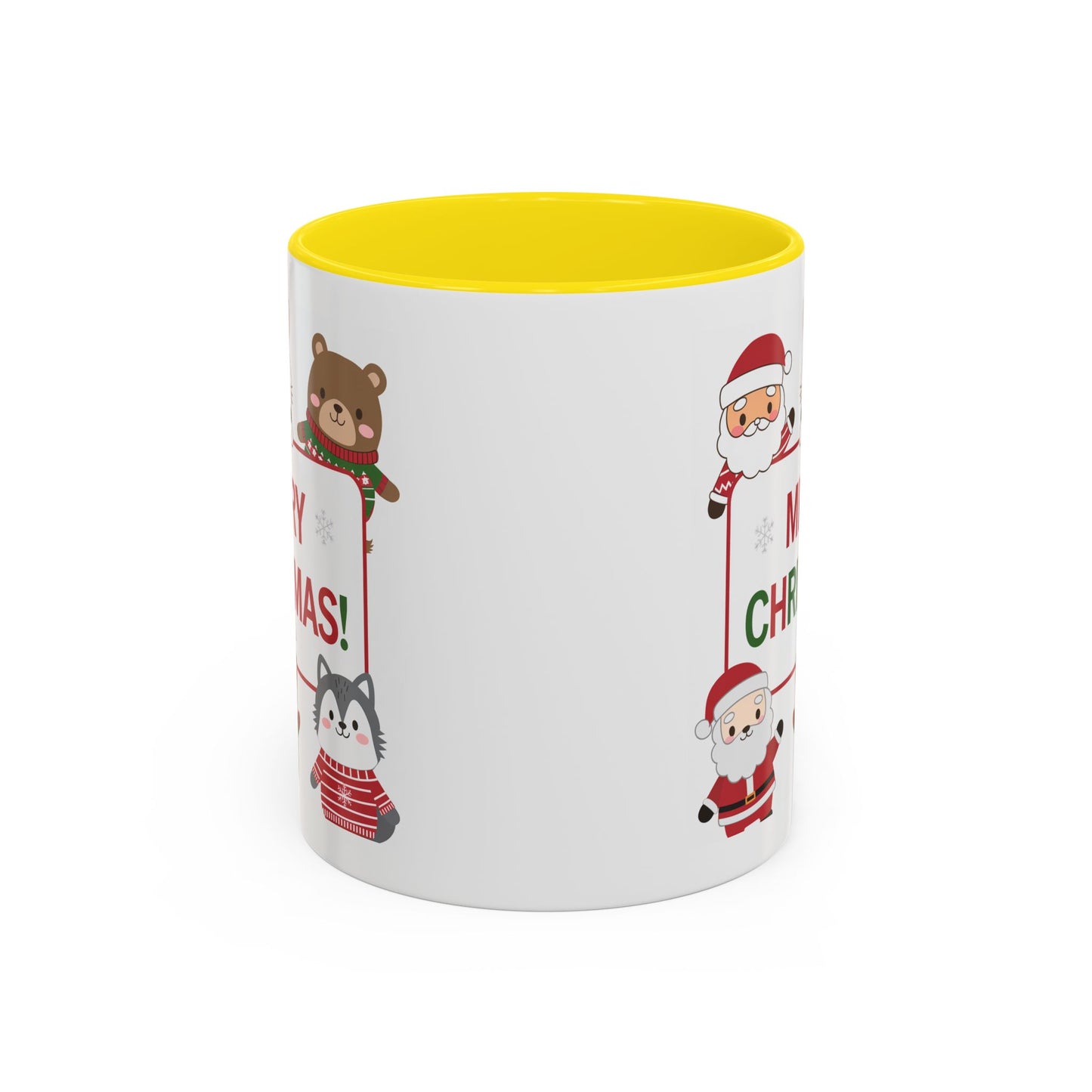 Christmas Mug - Merry Christmas Red & Green Text Santa Cute Animals