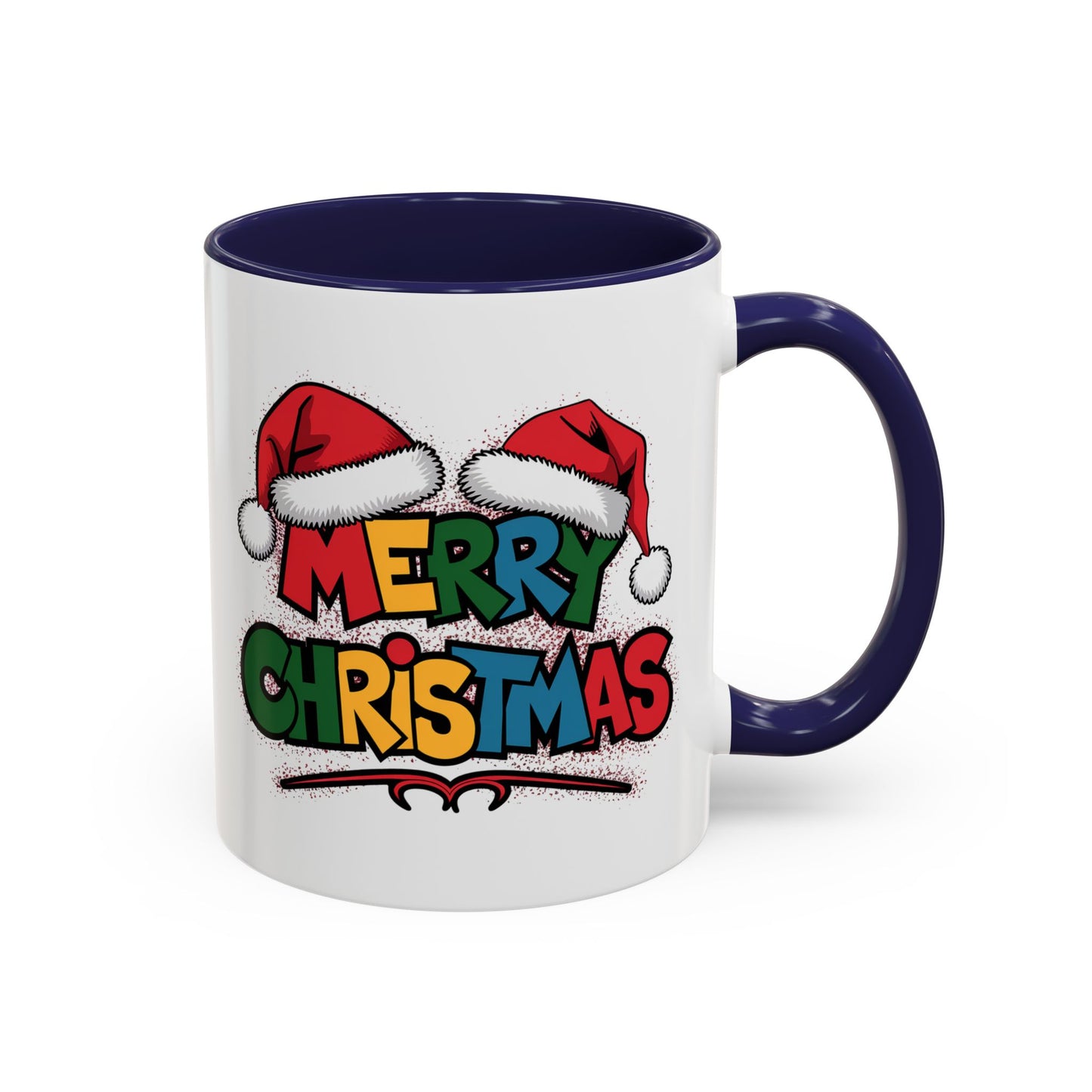 Christmas Mug - Merry Christmas Red Yellow & Blue Text Red Hats