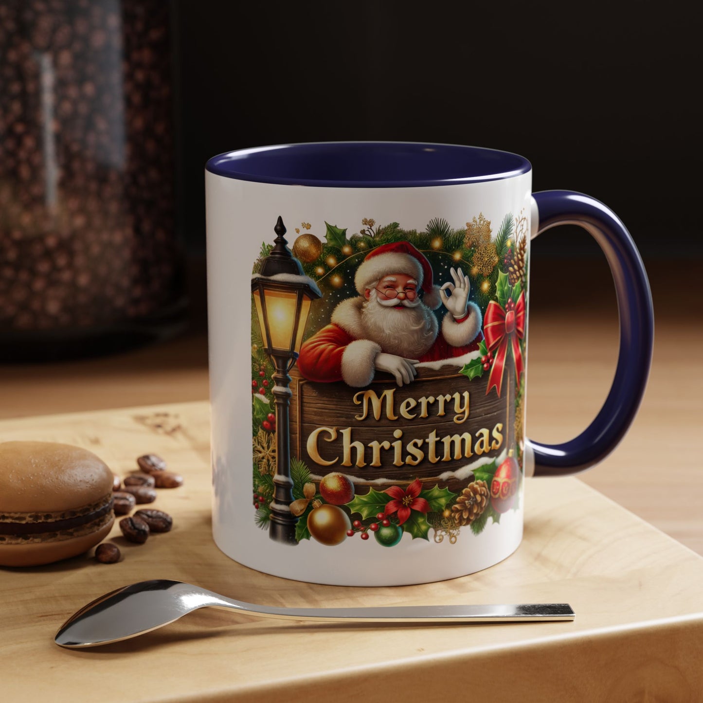 Christmas Mug - Merry Christmas Cream Text Santa Ok Light Bow Ornaments