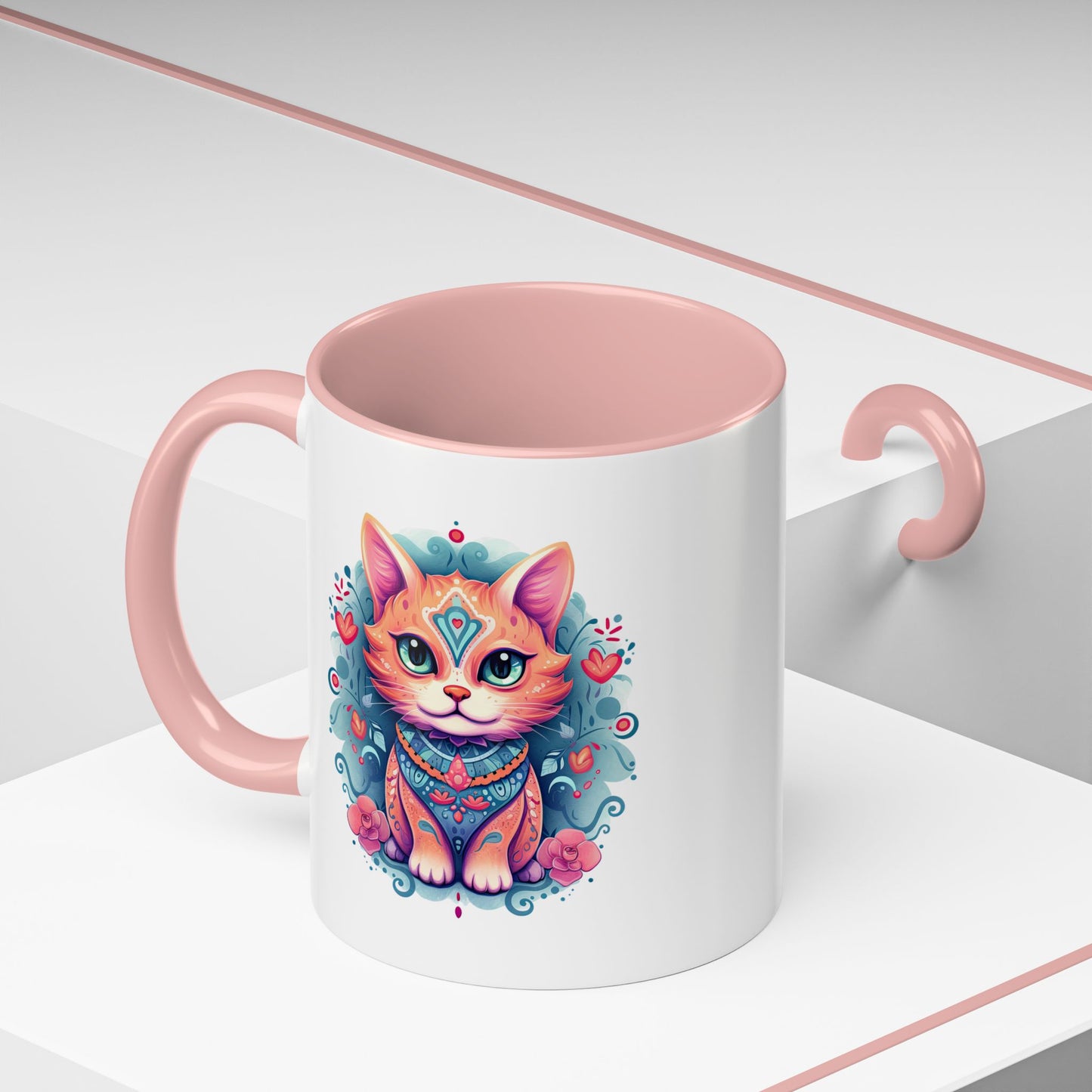 Animal  - Mystic Cat Turquoise & Coral Flowers