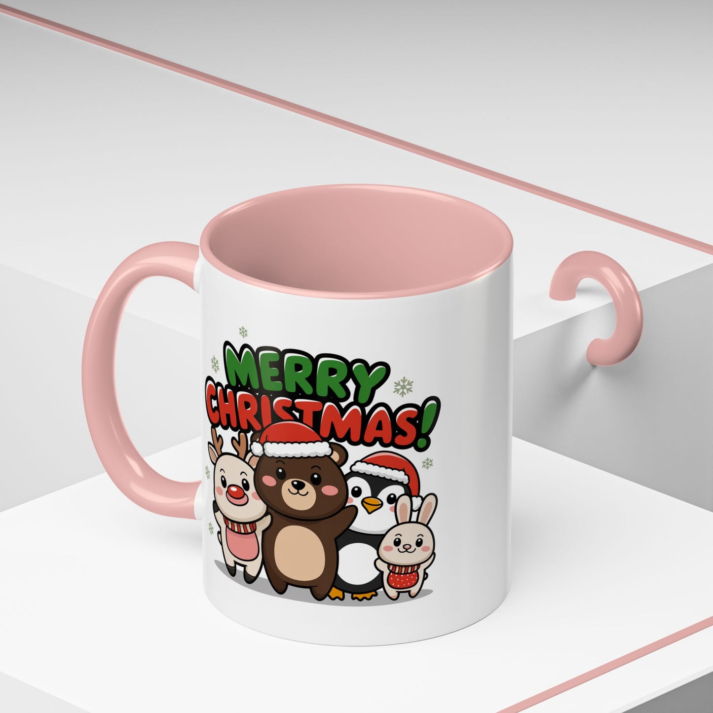 Christmas Mug - Merry Christmas Green & Red Text Cute Animals
