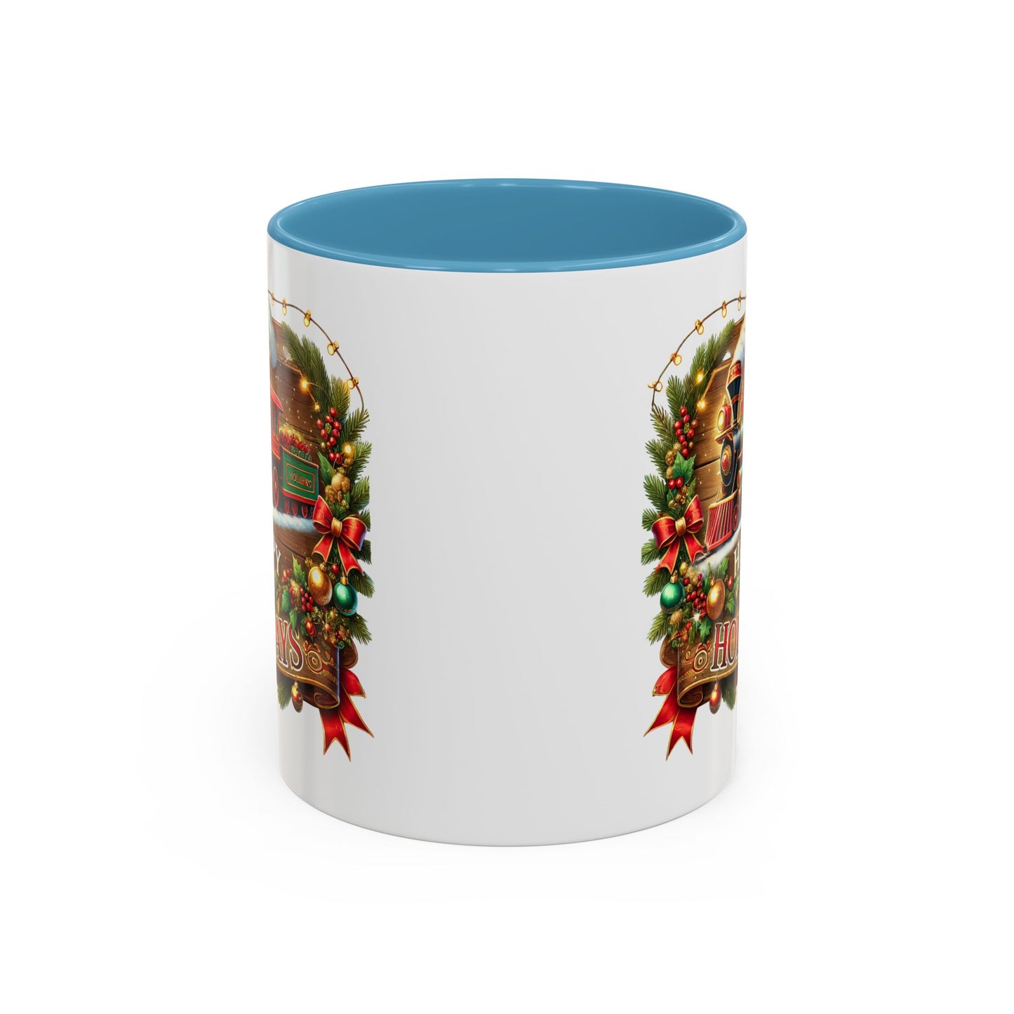 Christmas Mug - Happy Holidays White & Red Text Steam Locomotive