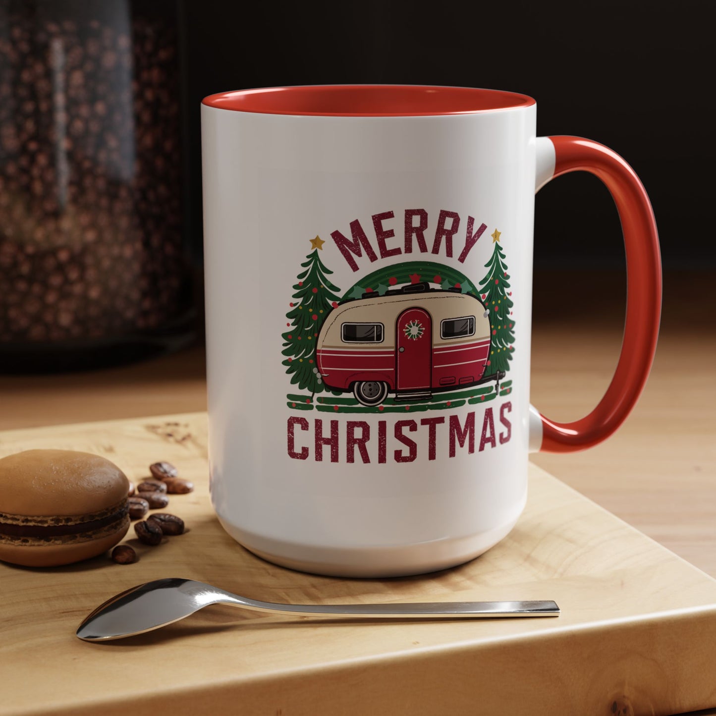Christmas Mug - Merry Christmas Maroon Text Camper Trees