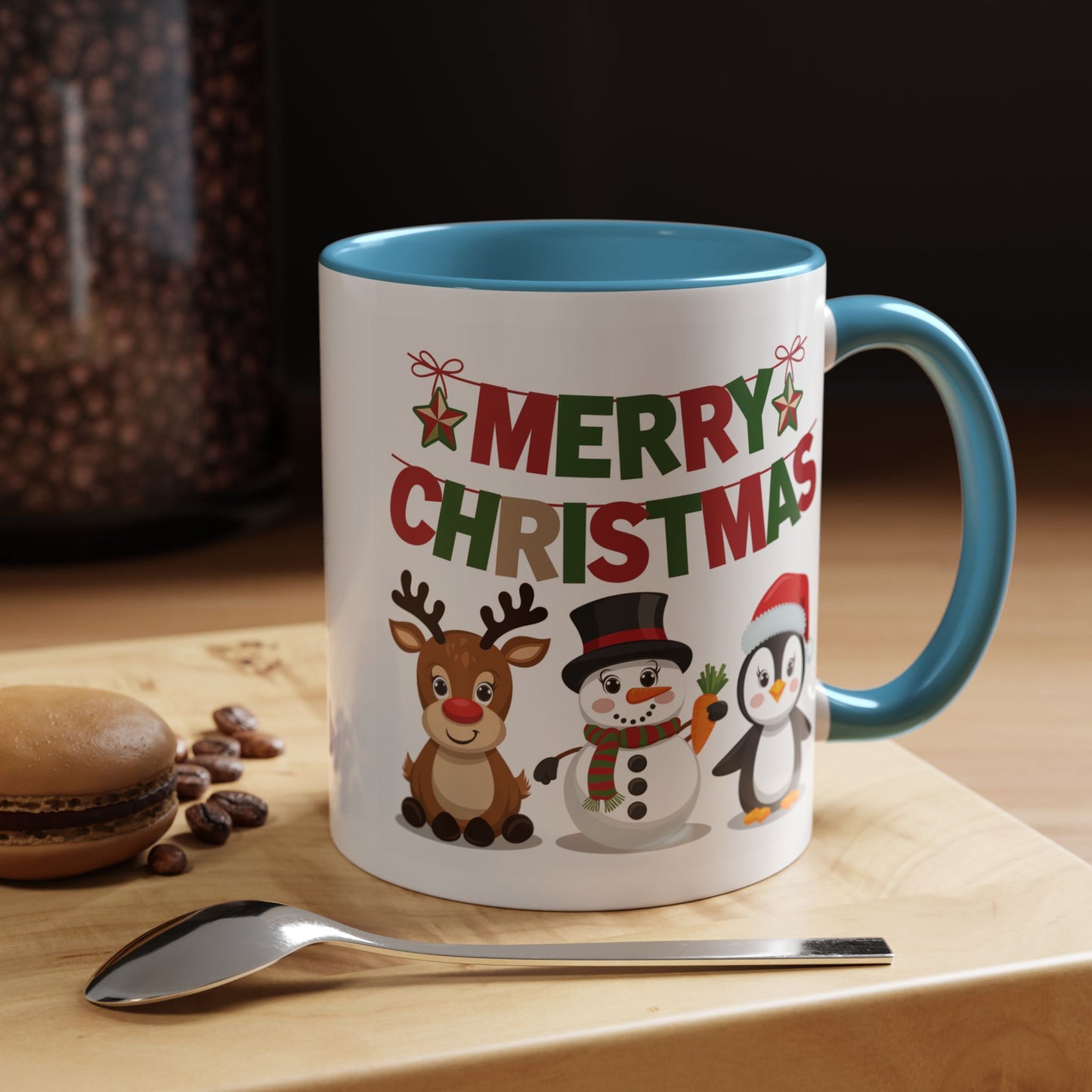 Christmas Mug - Red Green & Gold Text Reindeer Snowman Penguin