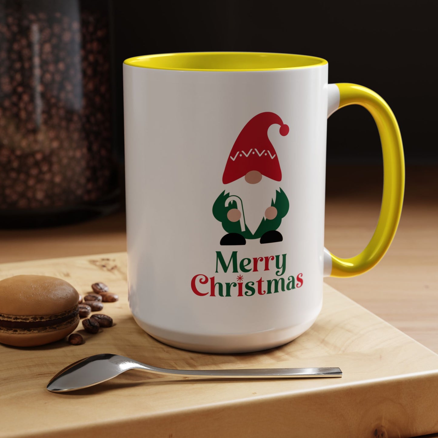 Christmas Mug - Merry Christmas Green & Red Text Gnome Candy Cane