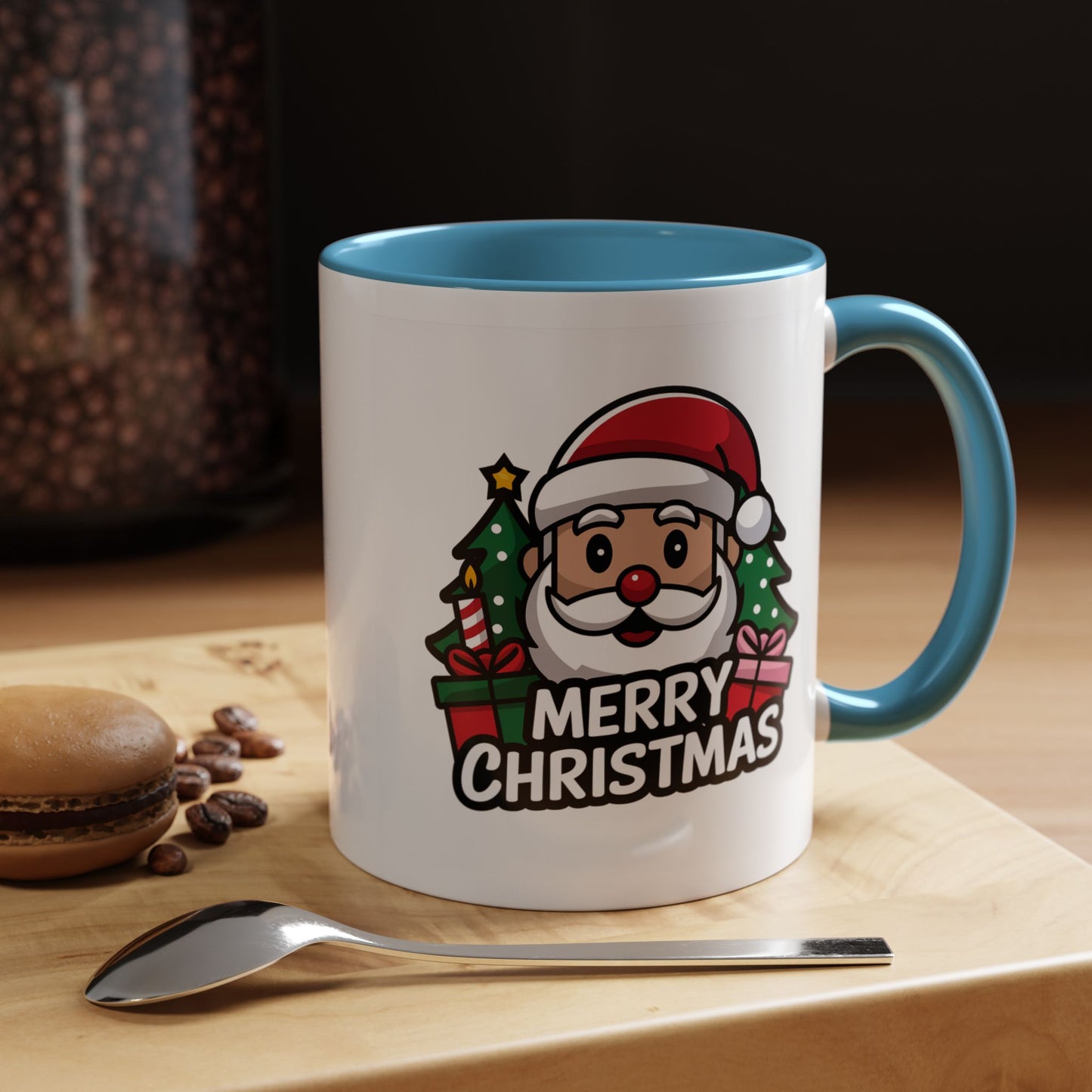 Christmas Mug - Merry Christmas White & Black Text Santa Trees Presents