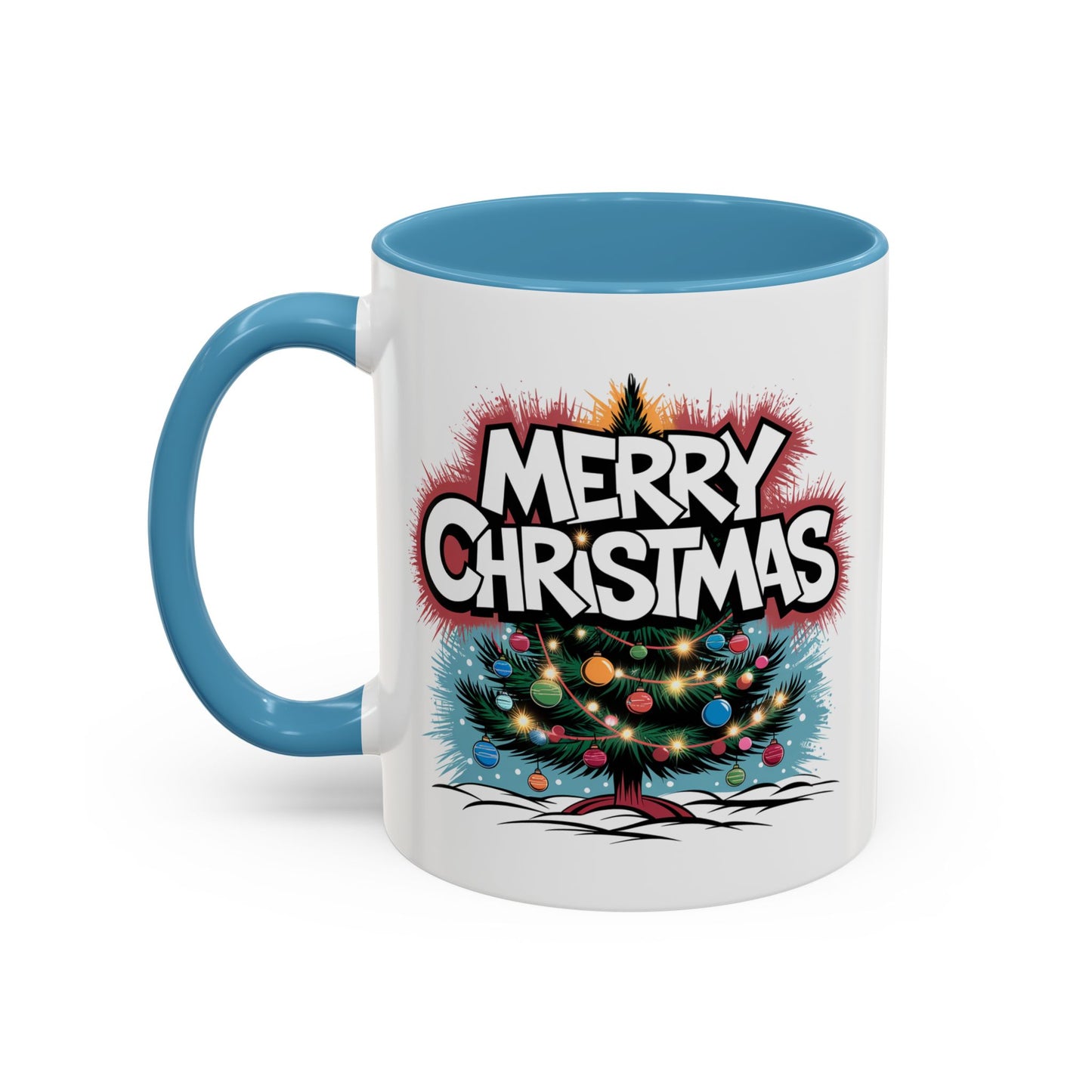 Christmas Mug - Merry Christmas White & Red Text Tree Lights