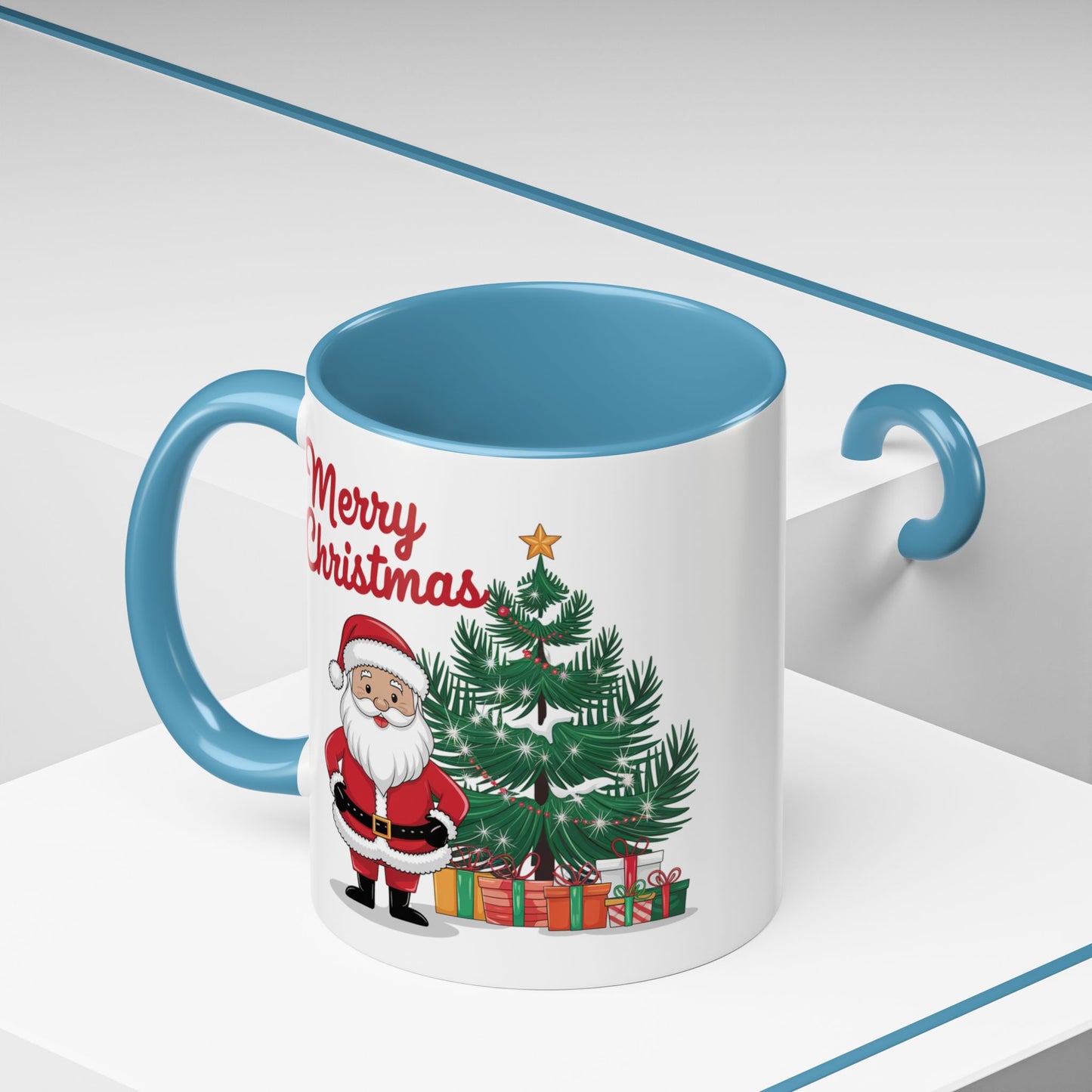 Christmas Mug - Merry Christmas Red Text Santa Tree Presents