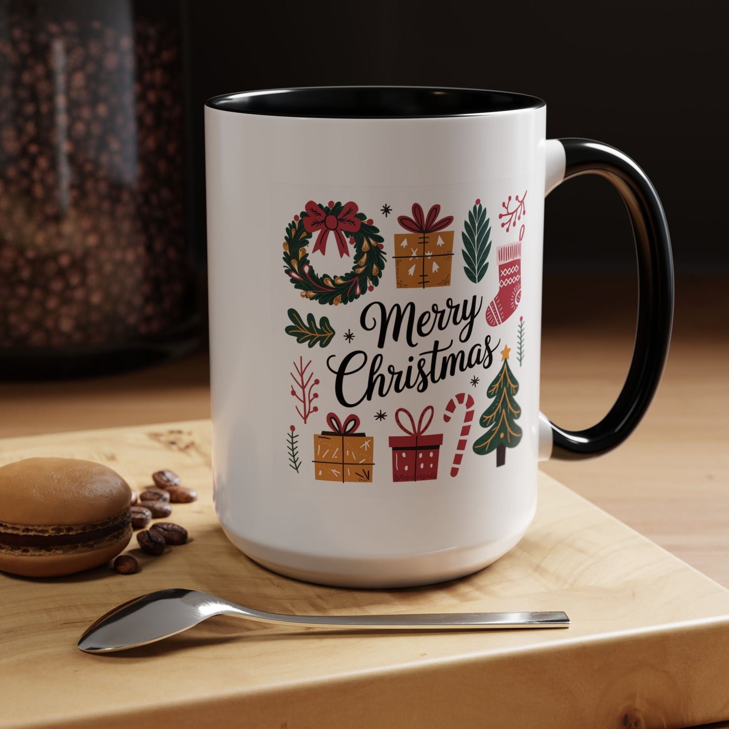 Christmas Mug - Merry Christmas Green Text Presents Tree Candy Cane