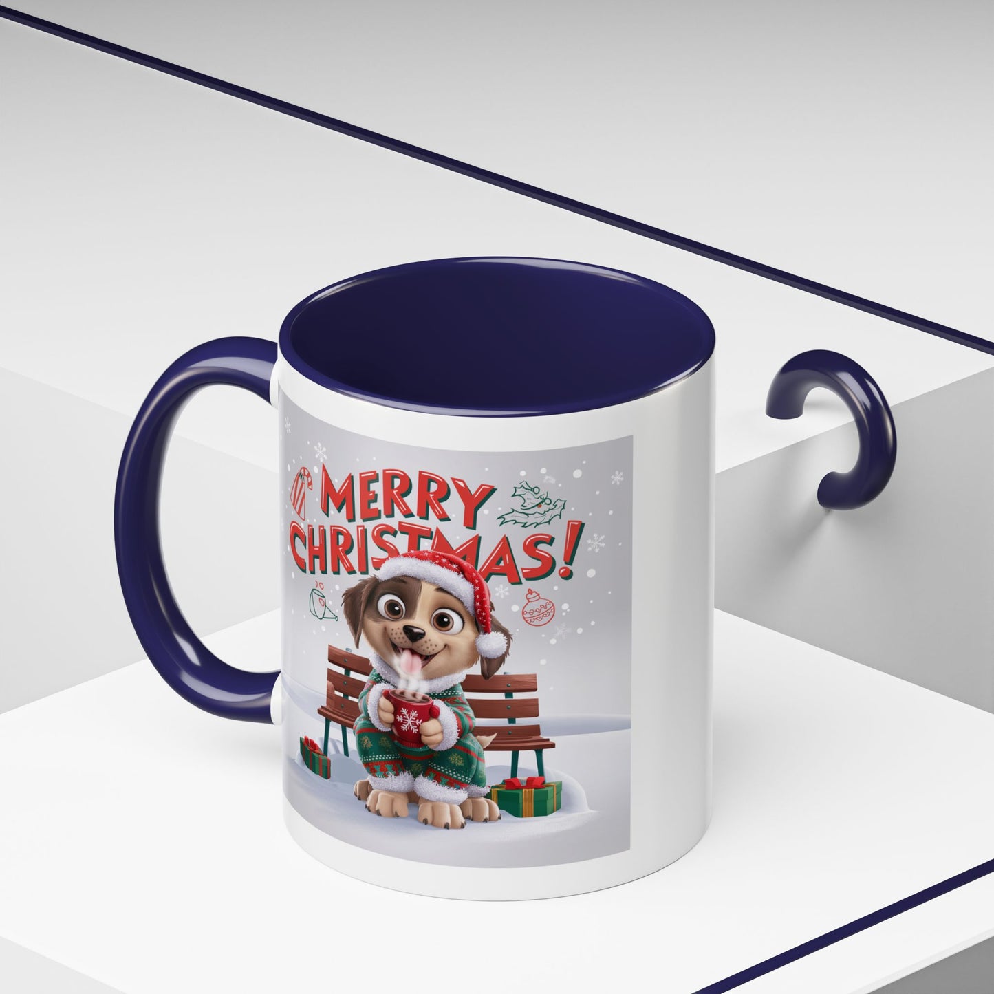 Christmas Mug - Merry Christmas Red Text Puppy Green Top