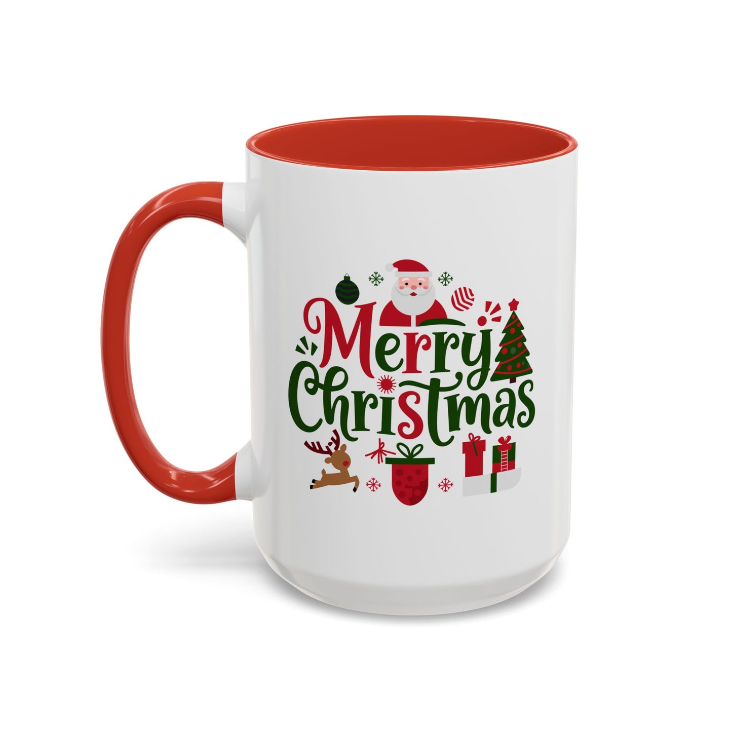 Christmas Mug - Merry Christmas Red & Green Text Santa Reindeer Tree Sleigh Ornaments