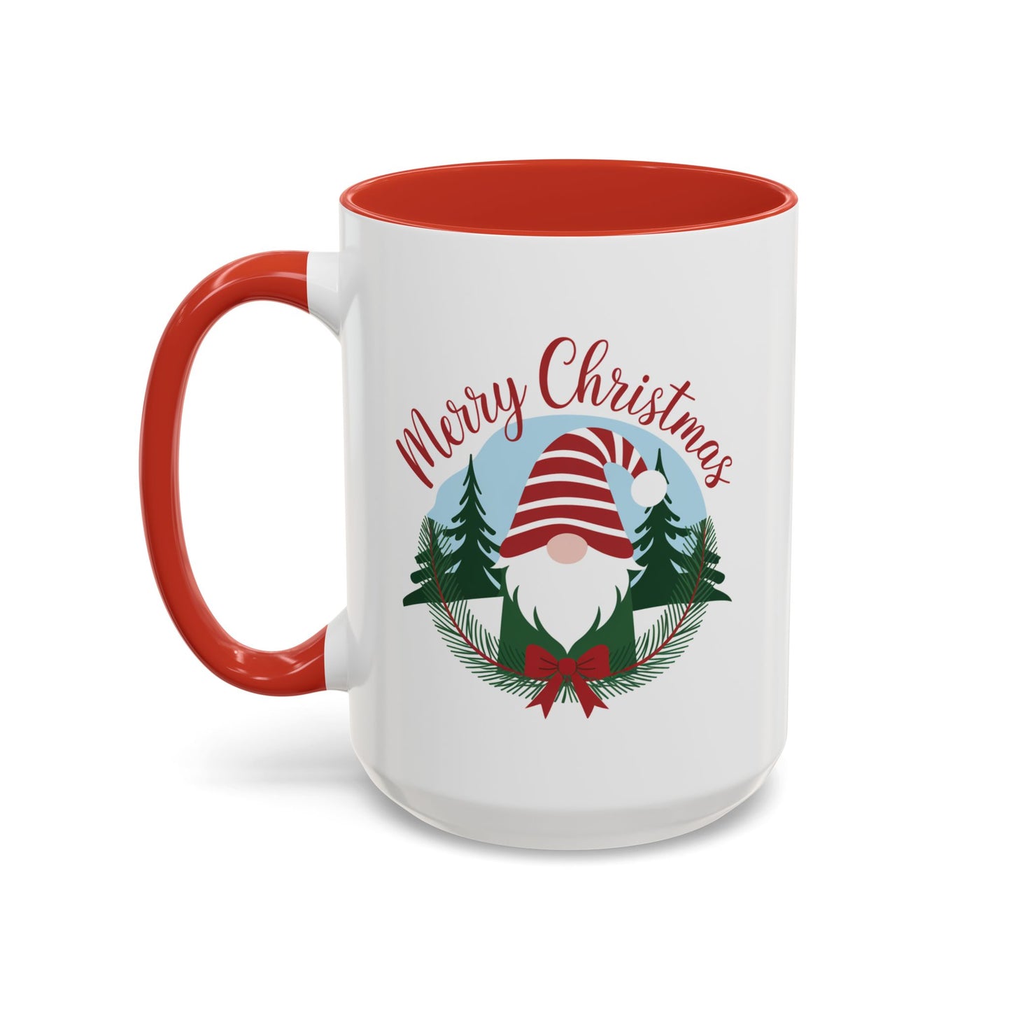 Christmas Mug - Merry Christmas Red Text Gnome Bow Tree