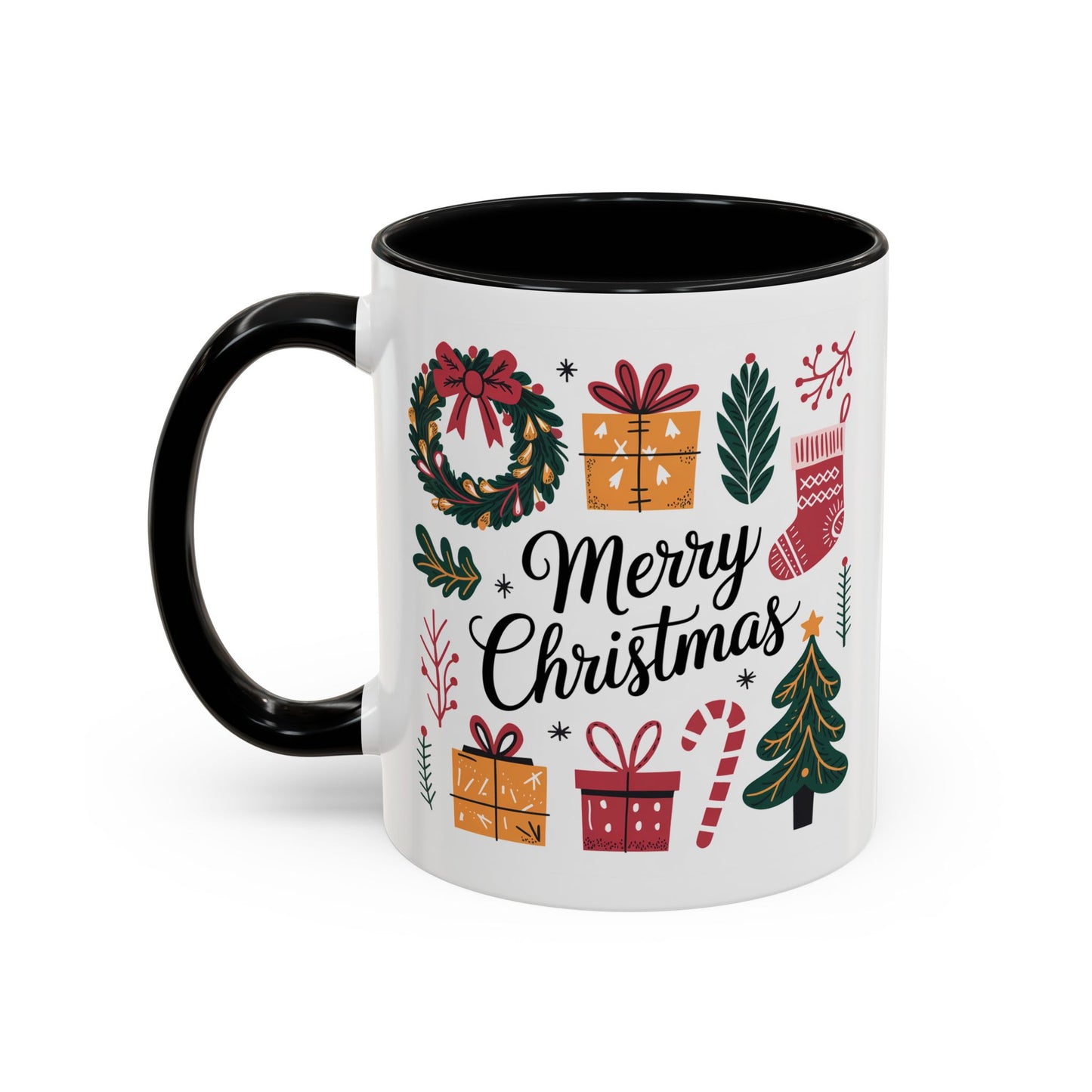 Christmas Mug - Merry Christmas Green Text Presents Tree Candy Cane
