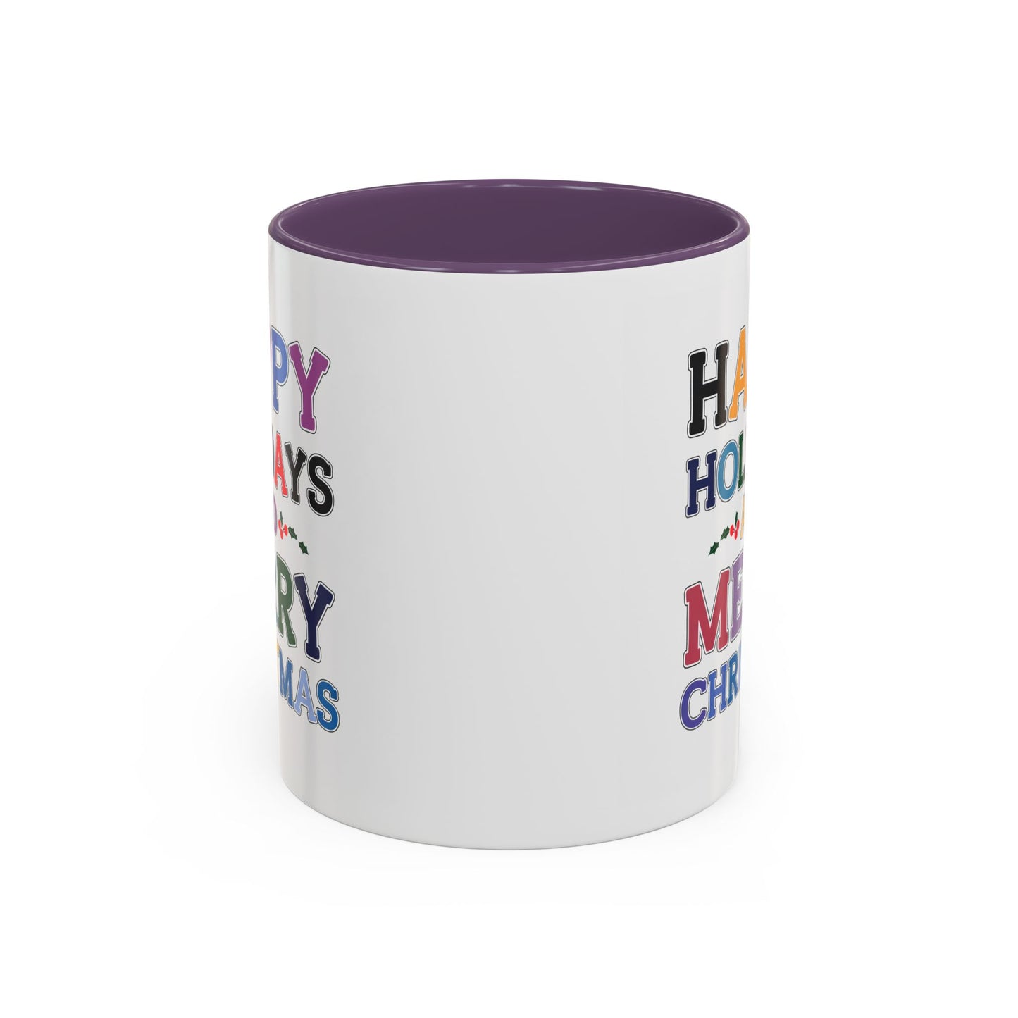Christmas Mug - Happy Holidays and Merry Christmas Blue Yellow Purple Orange Red Text