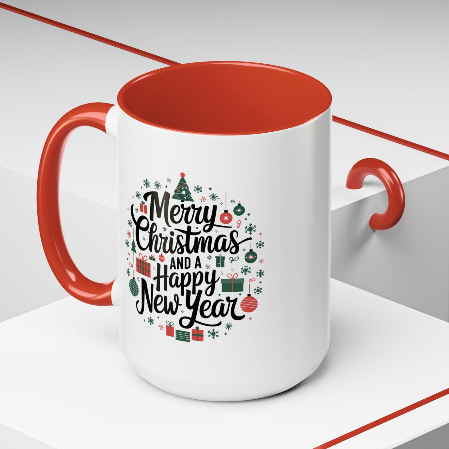 Christmas Mug - Merry Christmas and a Happy New Year Black Text Tree Ornaments Presents