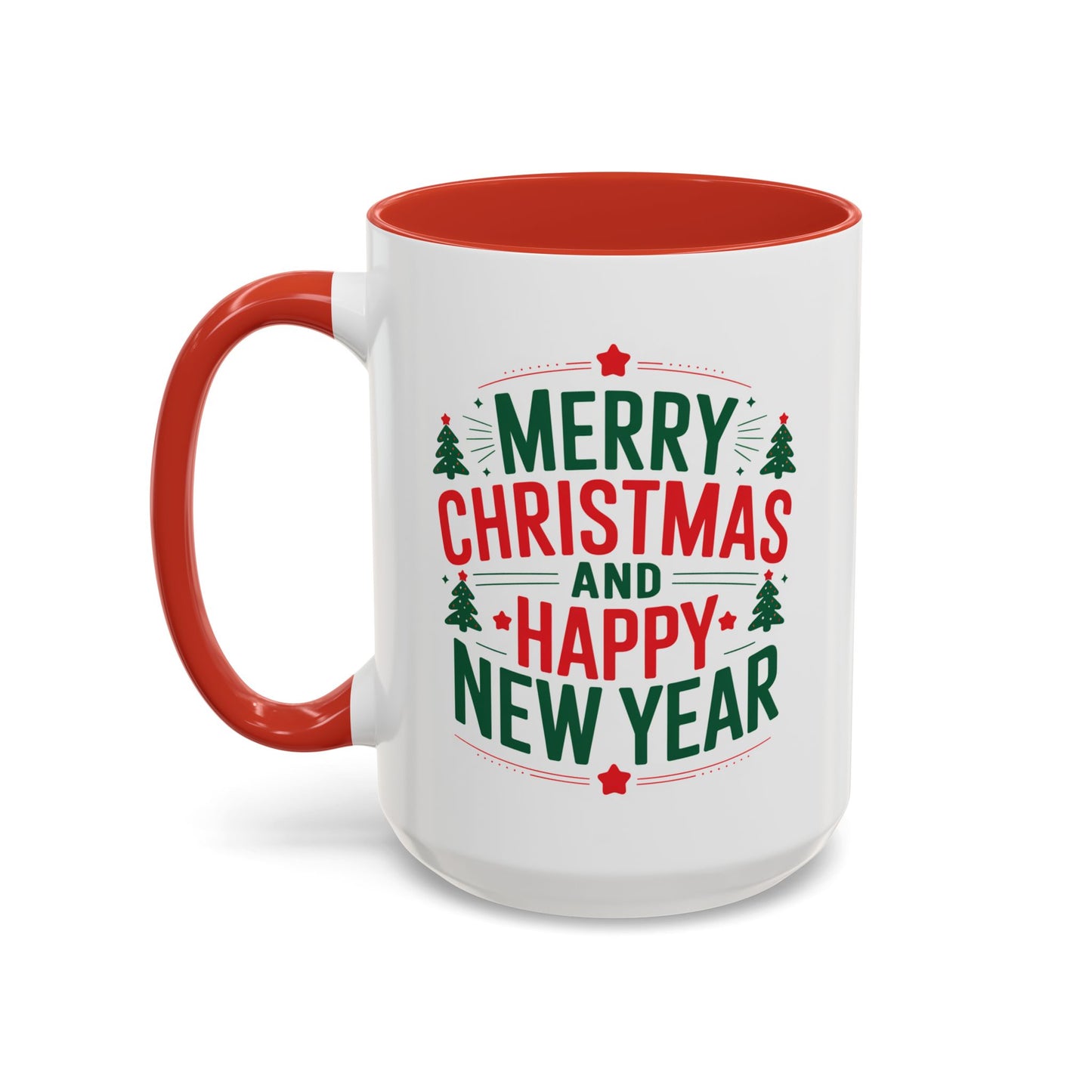 Christmas Mug - Merry Christmas and a Happy New Year Green & Red Text Trees Stars