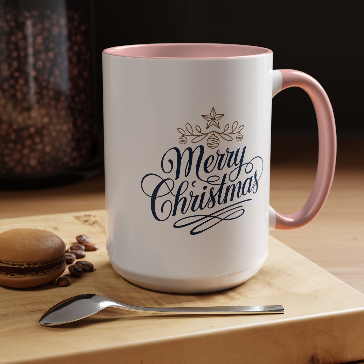 Christmas Mug - Merry Christmas Blue Text Gold Ornaments