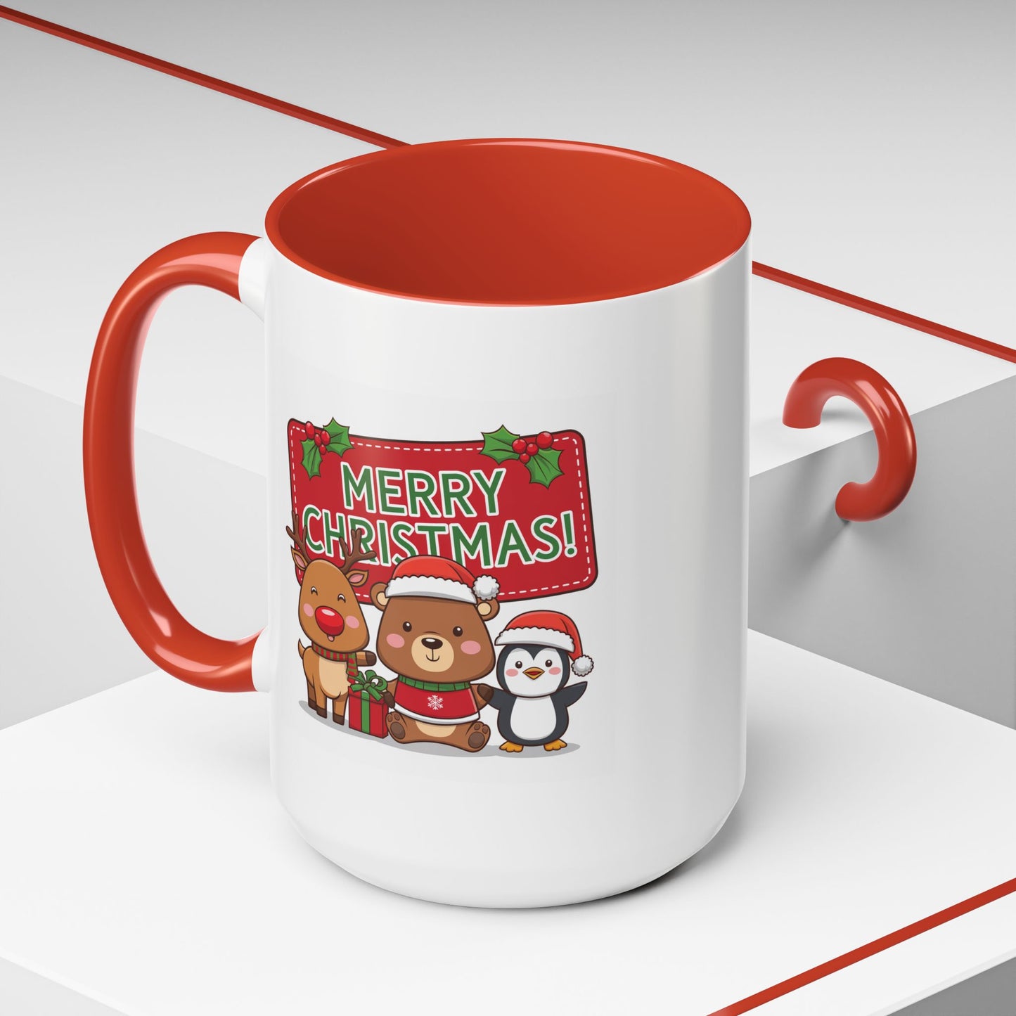 Christmas Mug - Green Text Red Banner Reindeer Bear Penguin