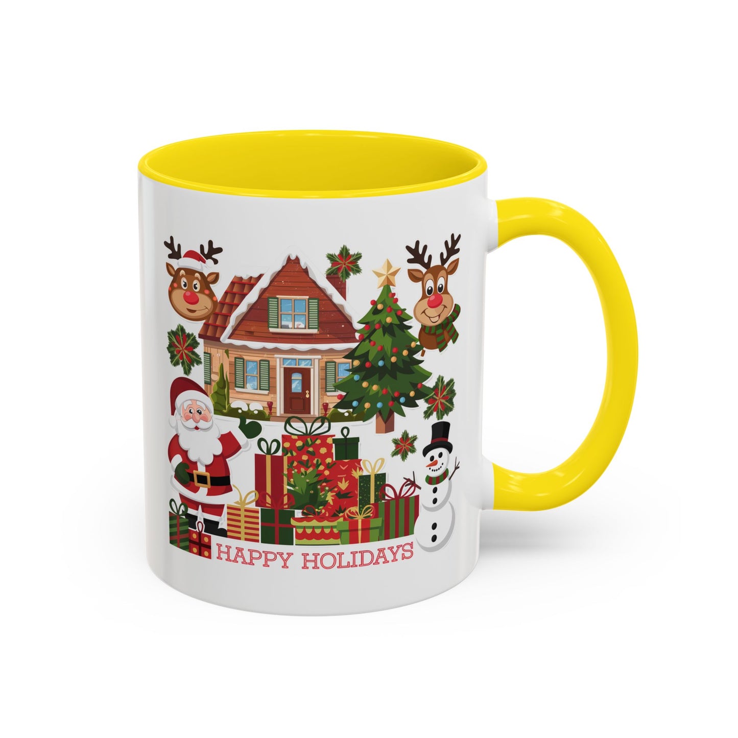 Christmas Mug - Happy Holidays Red Text Reindeer Santa Snowman Presents