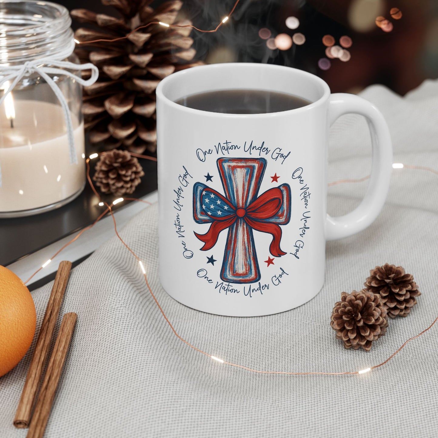 4th of July Mug - Patriotic Cross with Ribbon & Stars