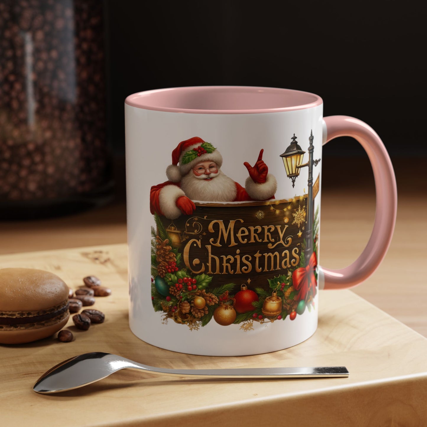 Christmas Mug - Merry Christmas Gold Text Santa Point Ornaments