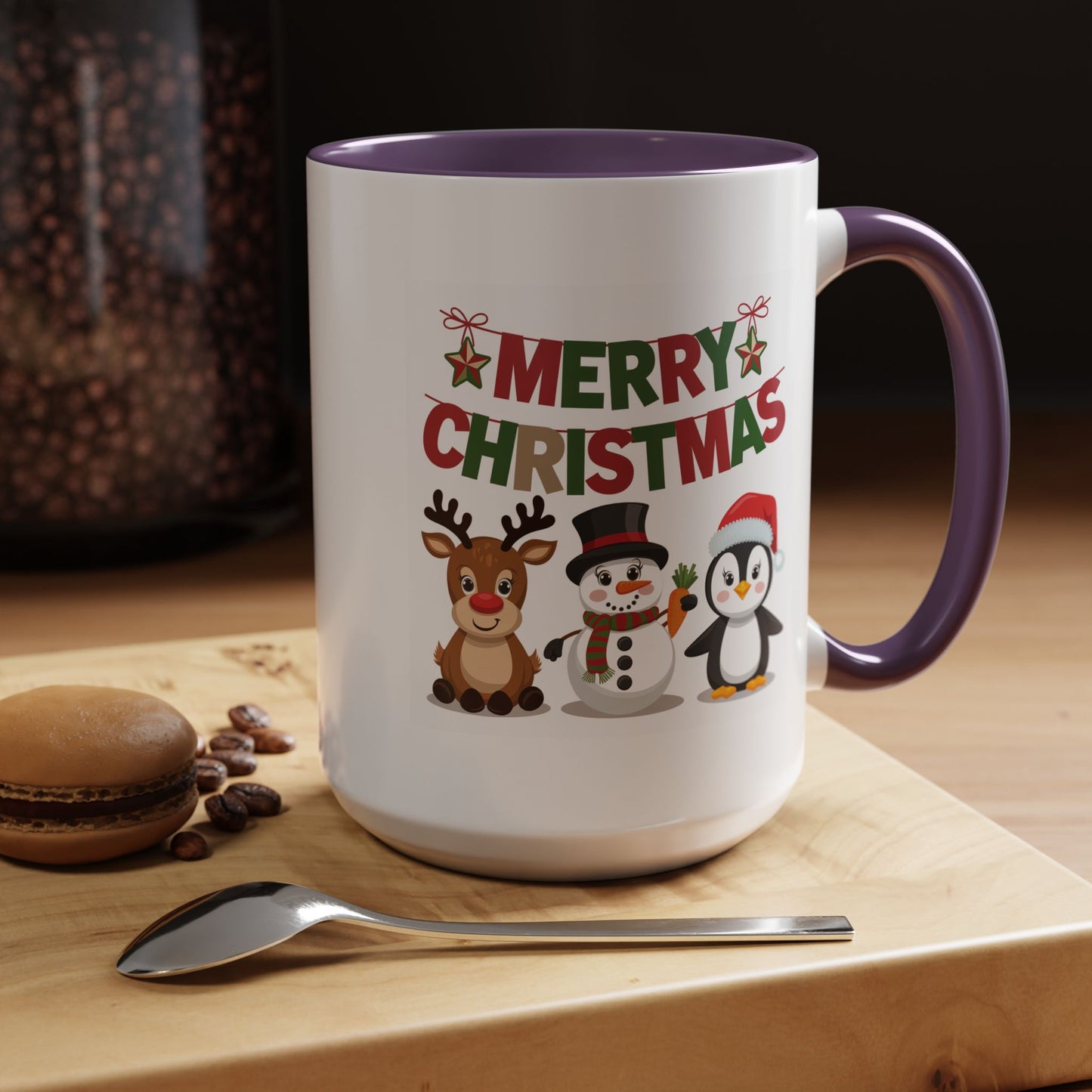 Christmas Mug - Red Green & Gold Text Reindeer Snowman Penguin