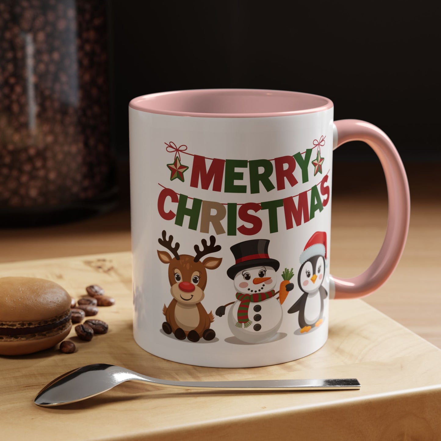Christmas Mug - Red Green & Gold Text Reindeer Snowman Penguin